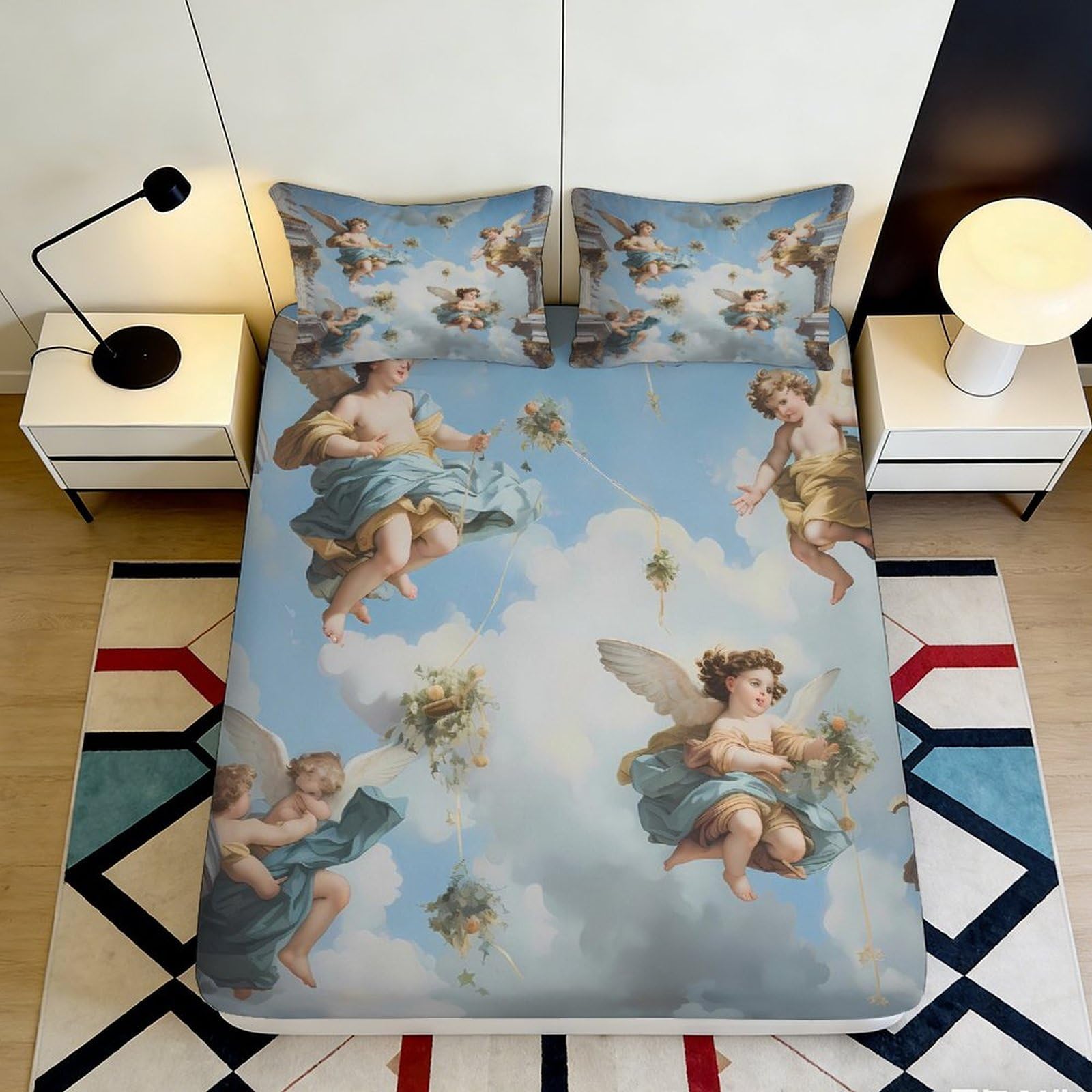 3D Printed Renaissance Angel Fitted Sheet Microfiber Soft Blue Sky Cherub Mattress Cover for Bedroom Home Decor 200x200x25cm