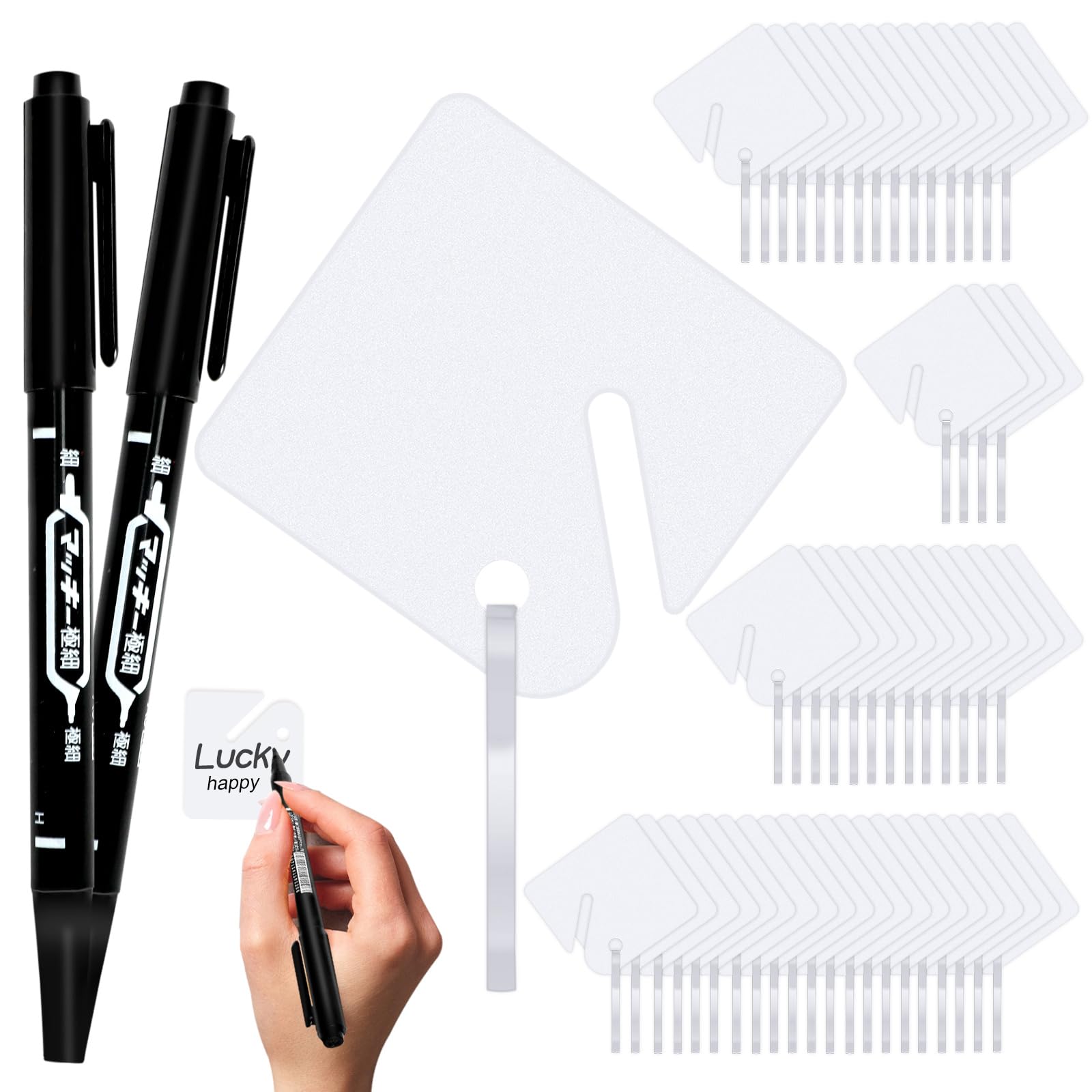 300 Pcs Rack Key Tags White Square Plastic Hanging Tags with 2 Black Markers, Metal Snap Hooks for Slotted Key Cabinets Boxes Lockers Sturdy Frosted