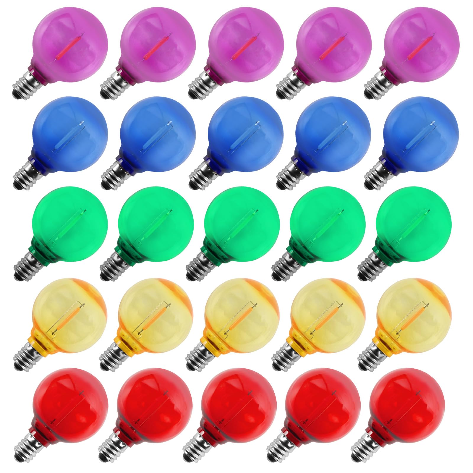 Bacane Bombillas de Repuesto LED G40 para Guirnaldas de Luces, Bombillas Irrompibles con Base E12, 1W Igual a 5W, Blanco Cálido 2700k, Paquete de 25, No Solar (Coloreado)