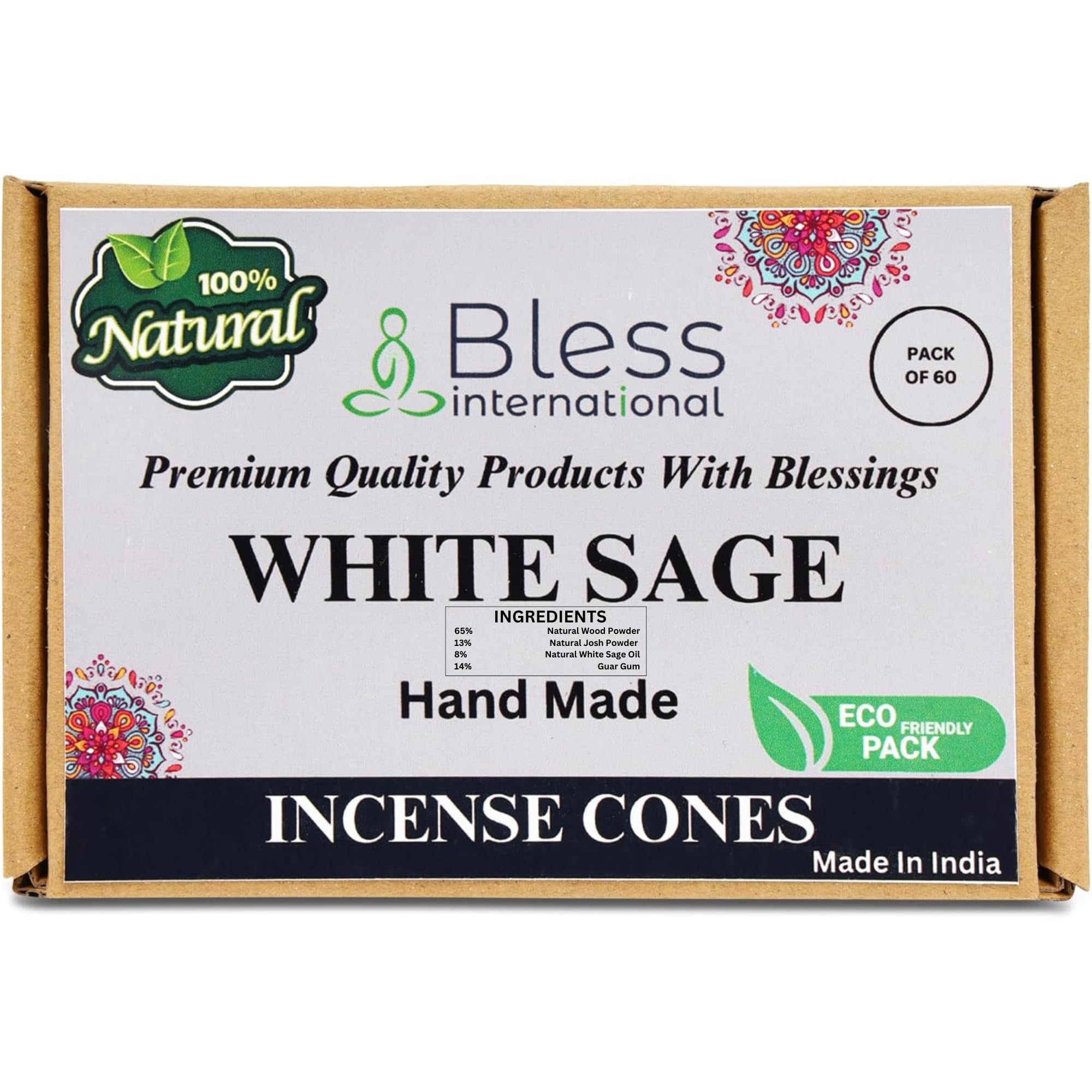 Bless-International White Sage 100%-Natural-Incense-Cones Handmade-Hand-Dipped Organic-Chemicals-Free for-Purification-Relaxation-Positivity-Yoga-Meditation The-Best-scents (60 Count)