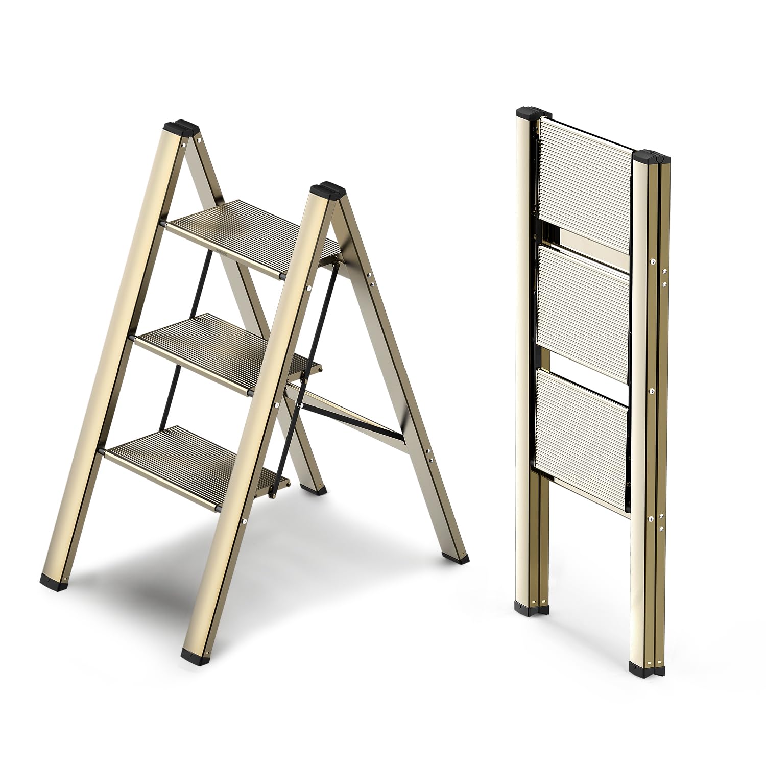 WOA WOA 3 Step Ladder, Foldable Step Stool, Aluminum Lightweight Ladder for Home Kitchen Closet, Anti-Slip Pedals, Ease of Folding, Portable, 300lbs Capacity - Gold