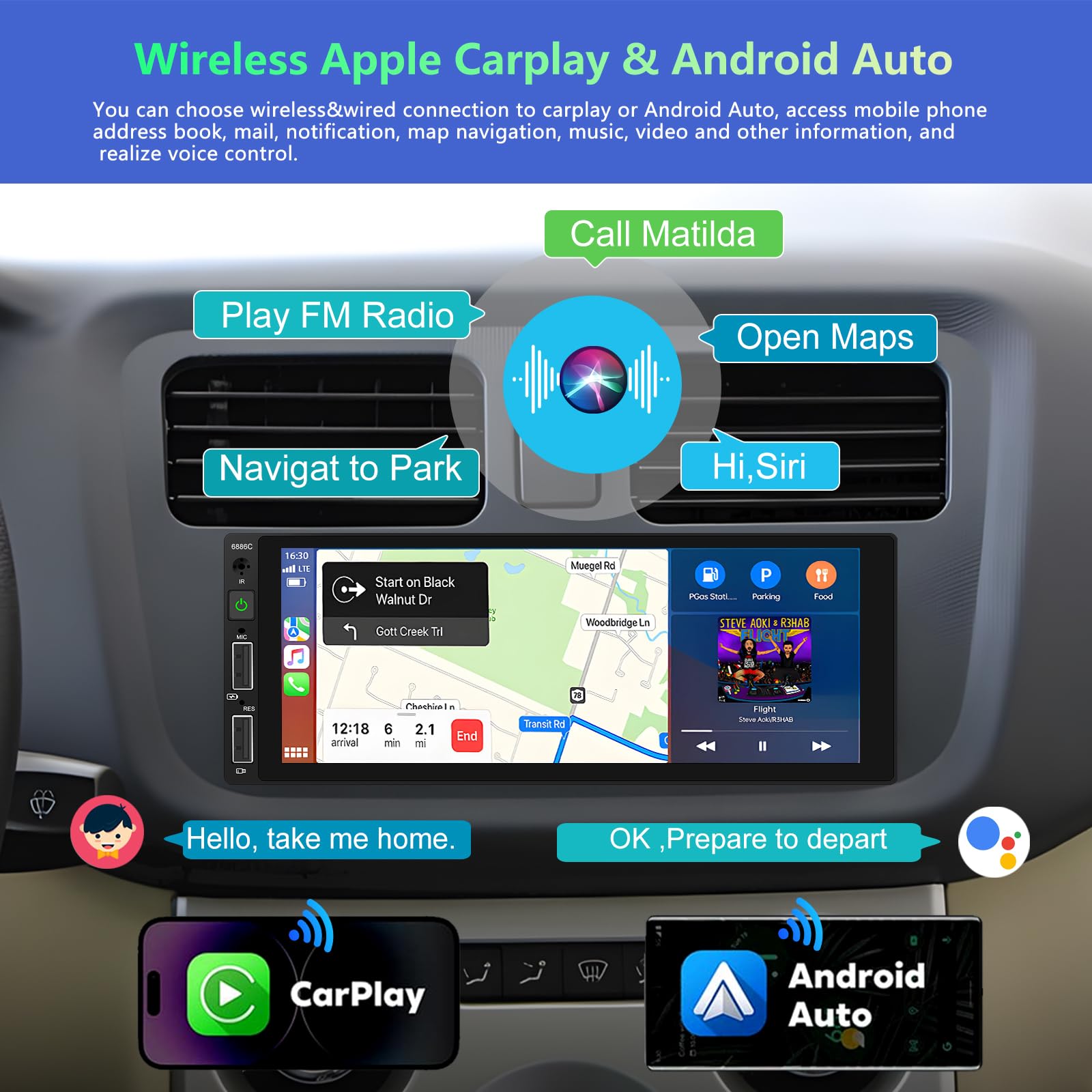 Podofo Autoradio 1 Din avec CarPlay Android Auto, Écran Tactile de 6.86 Pouces Bluetooth Radio avec FM Lien Miroir + AHD Caméra de Recul&Mic