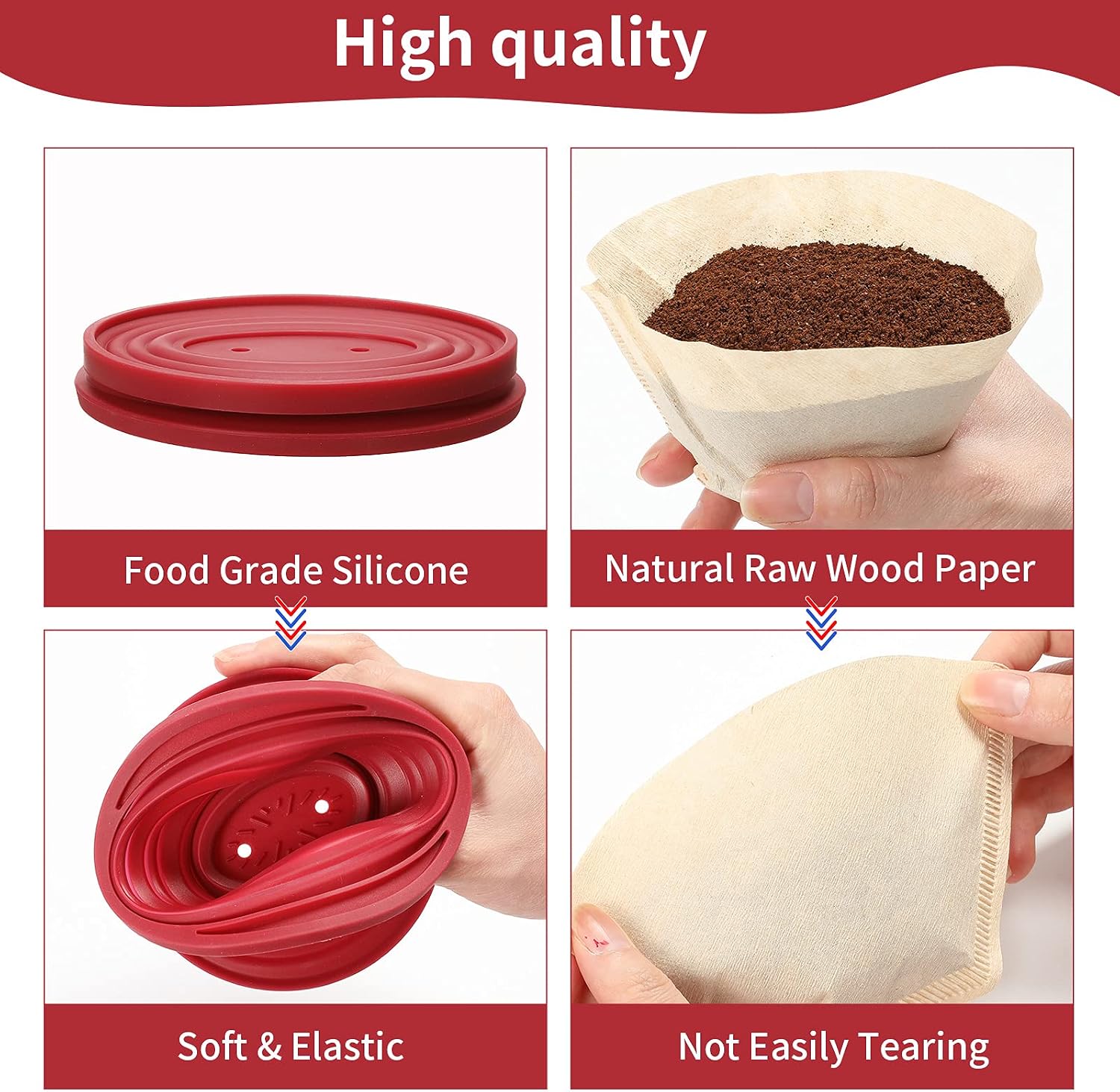 2 Pieces Collapsible Coffee Dripper Easy Red Manual Coffee Brew Maker with 80 Pieces Unbleached Paper Filters Paper Coffee Filter Reusable Silicone Coffee Dripper for Hiking, Camping, Home, Office