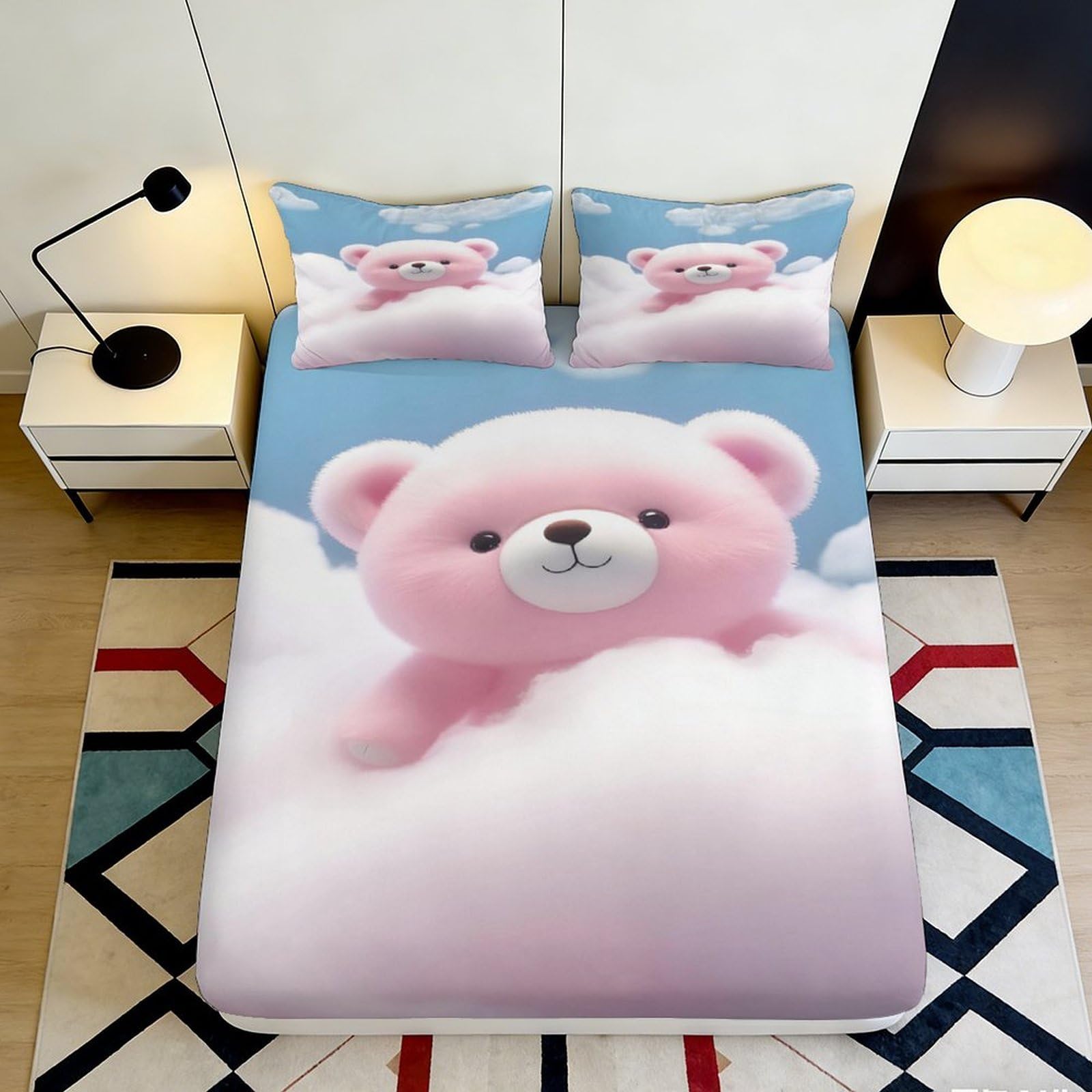 3D Printed Pink Teddy Cloud Fitted Sheet Microfiber Soft Decorative Bear Bed Cover for Bedroom Guest Room Mattress 90x200x25cm