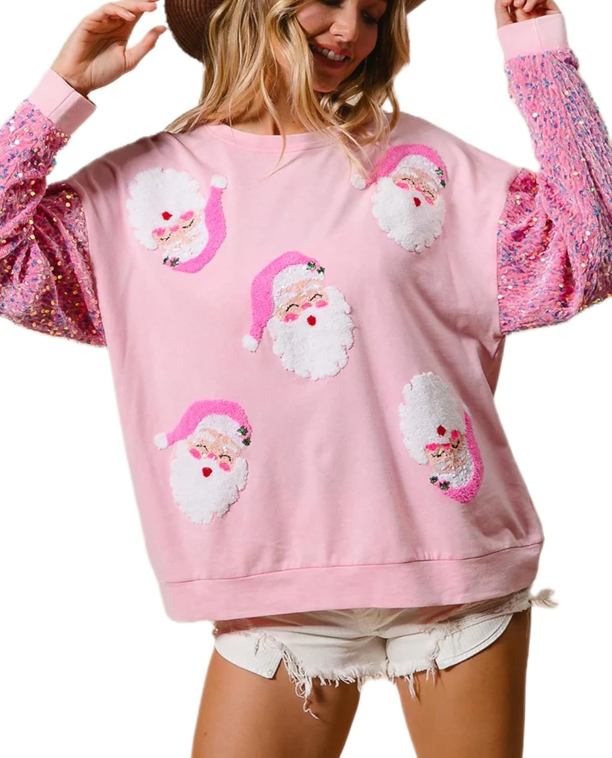 UAURORAO Christmas Sequins Sweatshirts Women Glitter Patch Crewneck Pullover Tops Sparkly Printed Xmas Long Sleeve Shirt