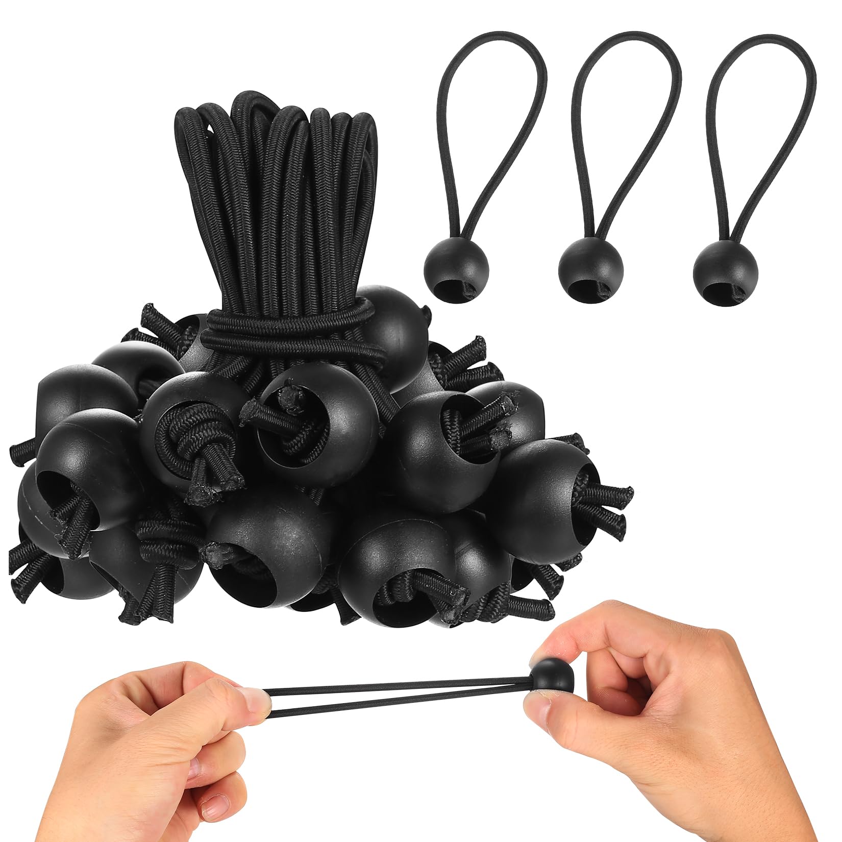 50 Pcs Bungee Cords with Balls, Tarpaulin Bungee Balls Cords, 10cm/3.94 inch Black Elastic Ties for Household Camping Garden Tarp Ties Tarpaulin Fasteners Ropes