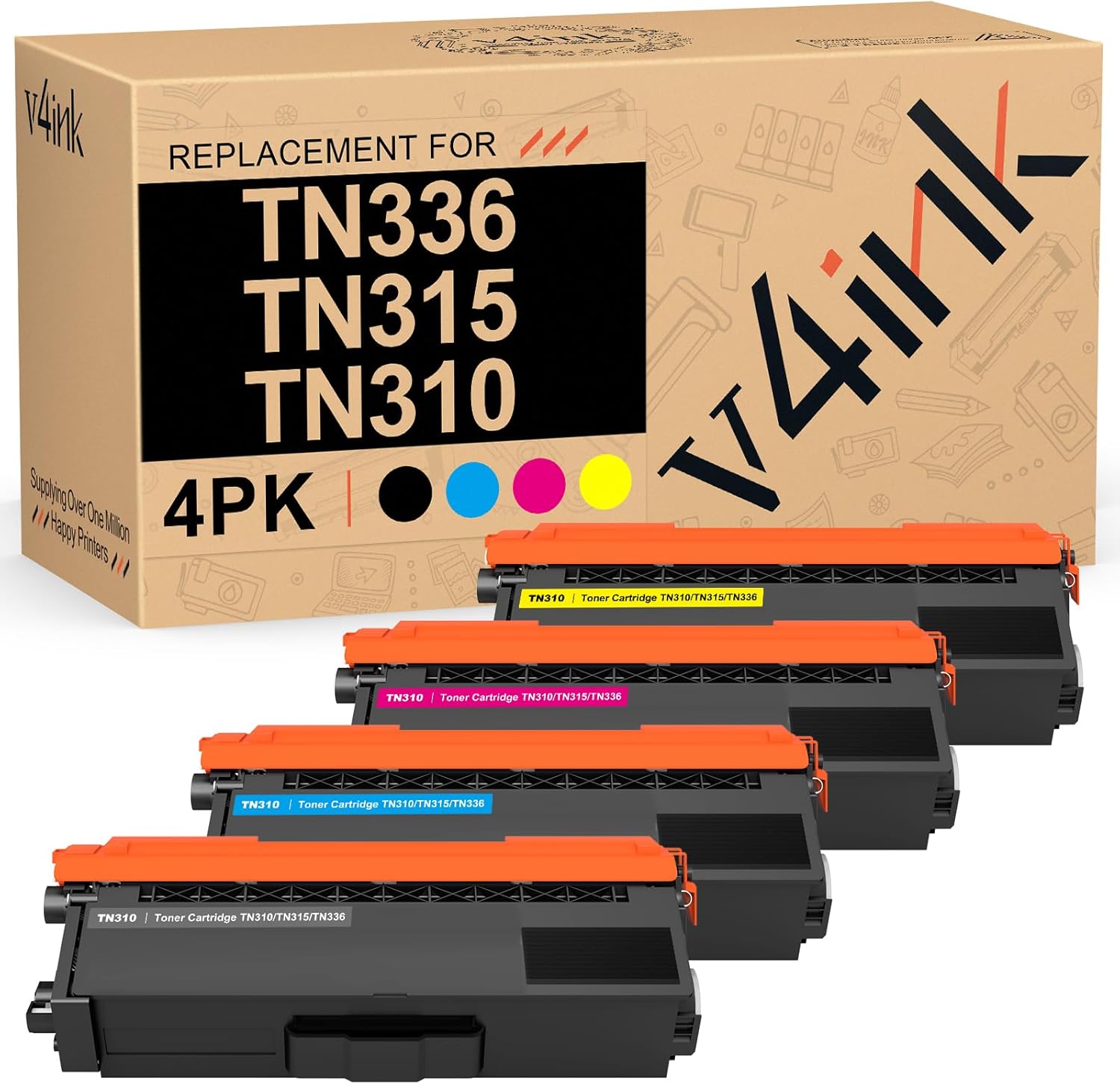 v4ink Compatible TN336 TN315 TN310 Toner Replacement for Brother TN310 TN315 TN331 TN336 Toner Color Set for HL-L8350CDW HL-4150CDN HL-L8350CDWT MFC-L8850CDW MFC-9970CDW (BCMY, 4 Pack)