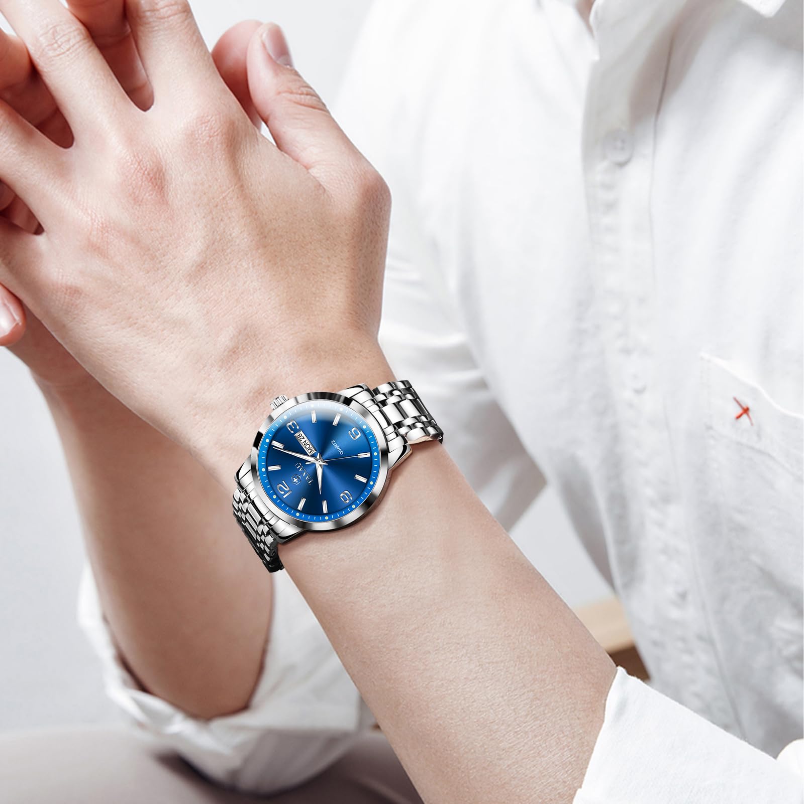 Taxau Armbanduhr Herren Analog Quarz wasserdichte Luxus Business Edelstahl Herrenuhren Multifunktion Leuchtdatum Elegantes Geschenk