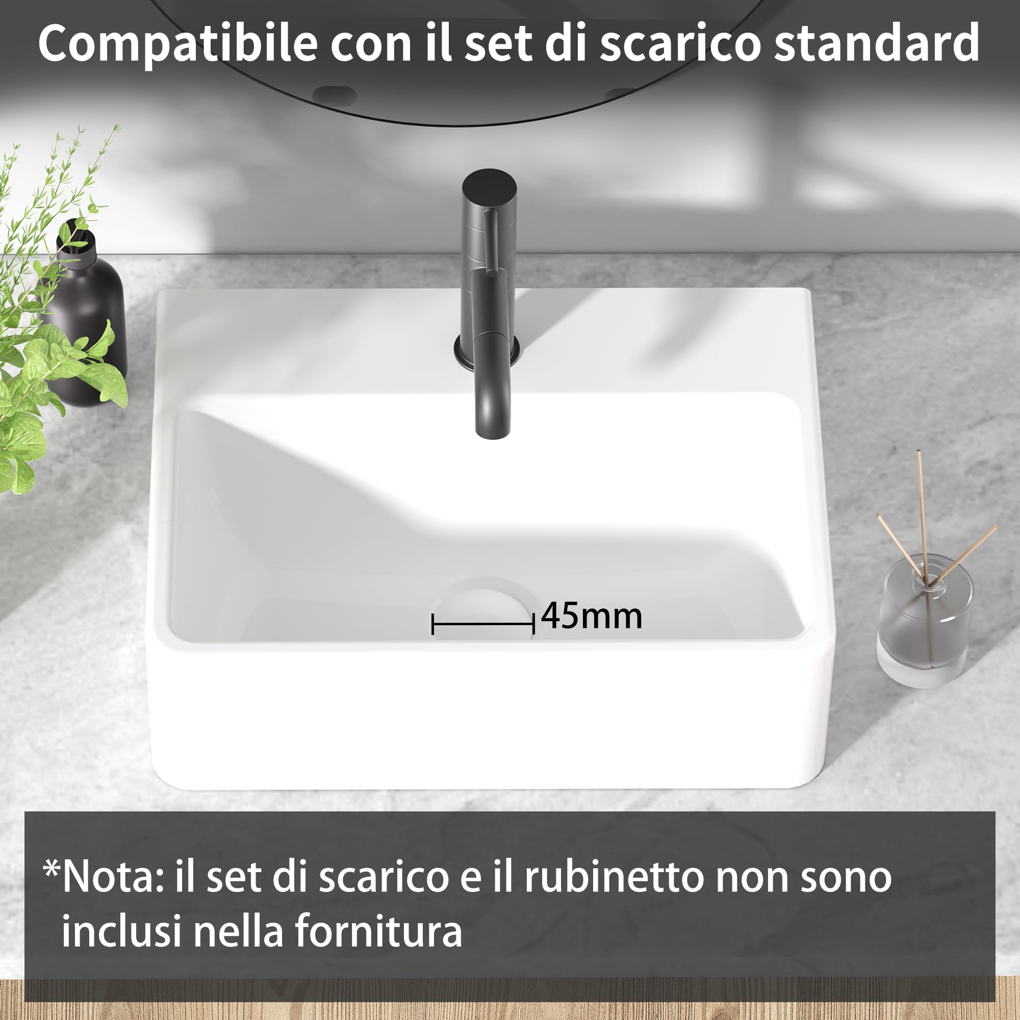 NUESTRA VIDA Lavabo da appoggio rettangolare compatto, in ceramica bianca. Dimensioni: 40×29,5×12 cm. Con foro per rubinetto, senza troppopieno. Per bagni piccoli e ambienti ridotti.