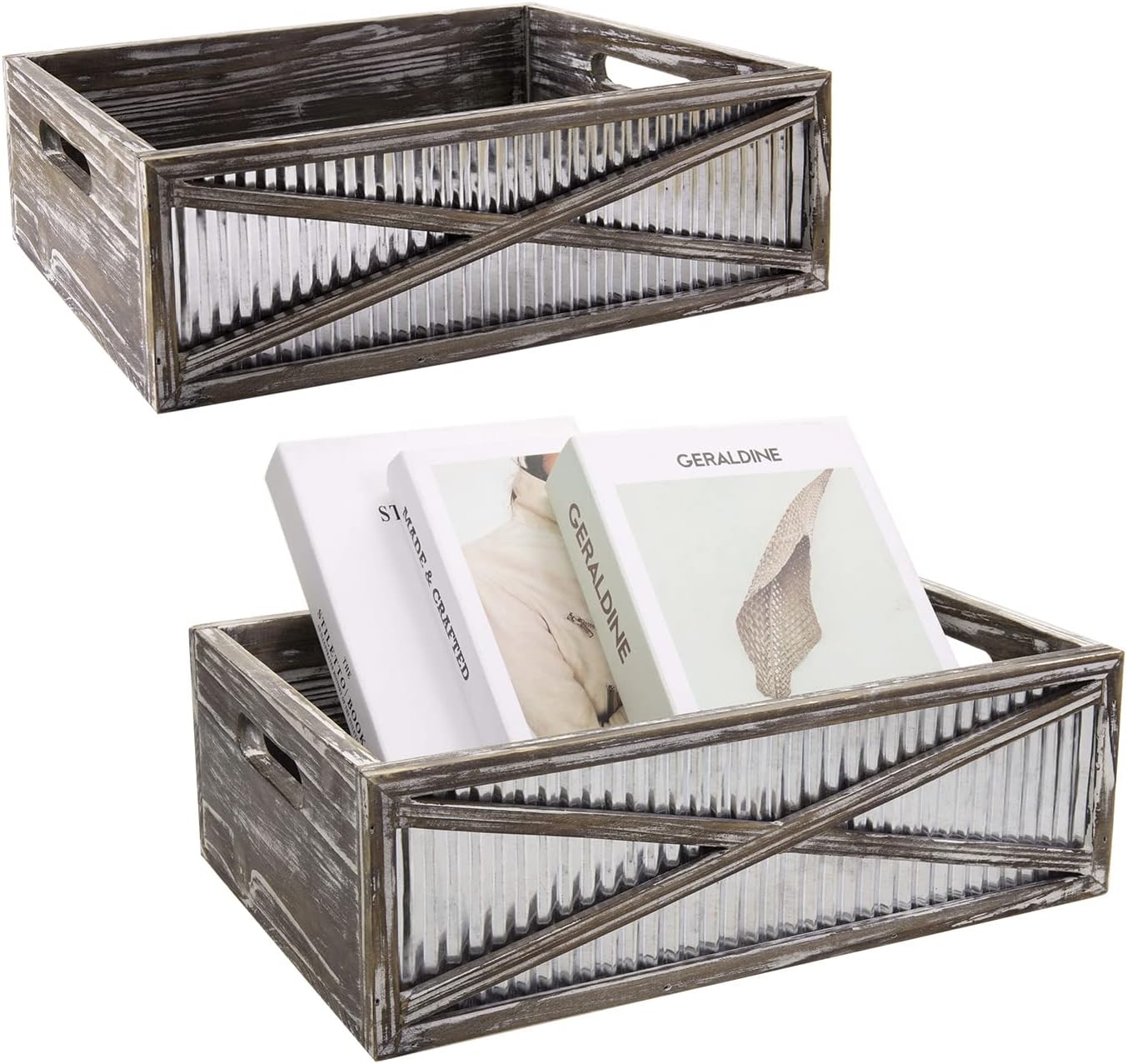MyGift Rustic Torched Wood Decorative Crate Style Storage Bins with Corrugated Galvanized Metal Sides and Cutout Carrying Handles, Set of 2