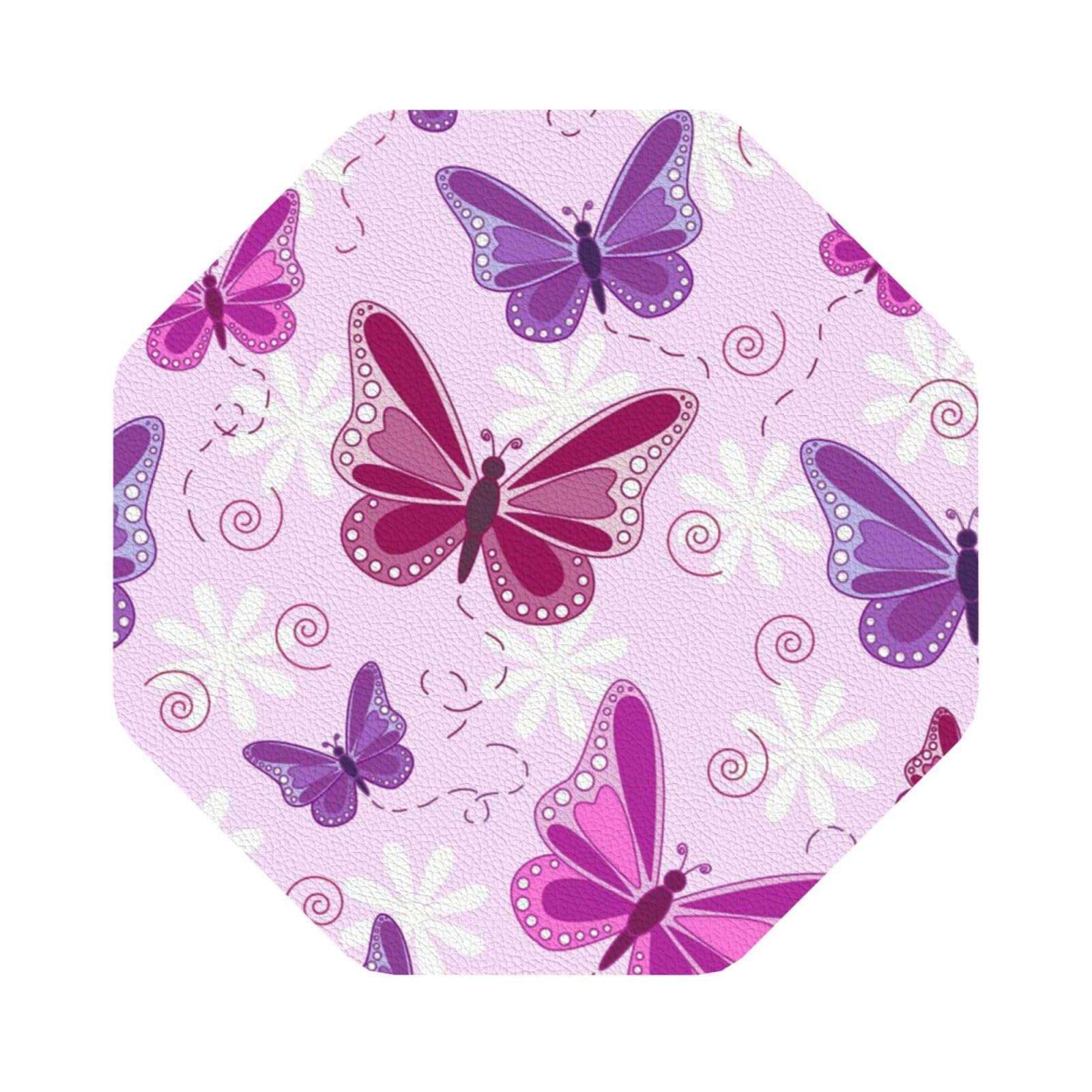 Zhengjia Octagon Pink Butterfly Drink Coasters Set Of 6, Protect Furniture From Hot Or Cold Water Marks & Damage, Pu Leather Drink Coasters Suitable For Kinds Of Mugs And Cups