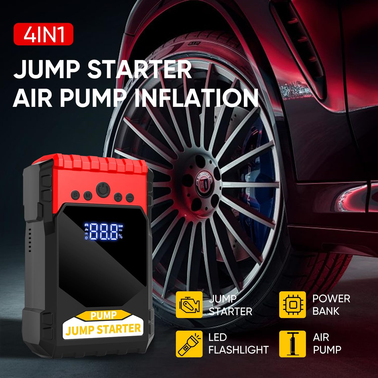 Jump Starter with Air Compressor, 6000A Car Battery Jumper Starter (10.0 Gas/8.0L Diesel), 12V Jump Starter Battery Pack, Portable Jump Box with LED Display, Flashlight and Jumper Cable
