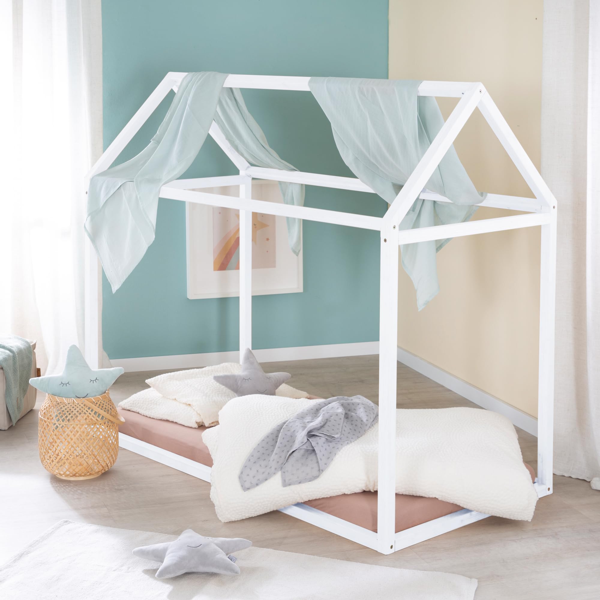 roba Lettino Montessori a Forma di Casa 70 x 140 cm - Certificato FSC - Ecosostenibile - Robusto e Resistente - da 0 a 7 Anni - Legno di Bambù - Colore Bianco