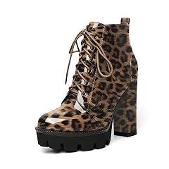 Esvowido Womens Platform Ankle Boots Round Toe Combat Lace Up Booties Chunky Block High Heels Side Zipper with