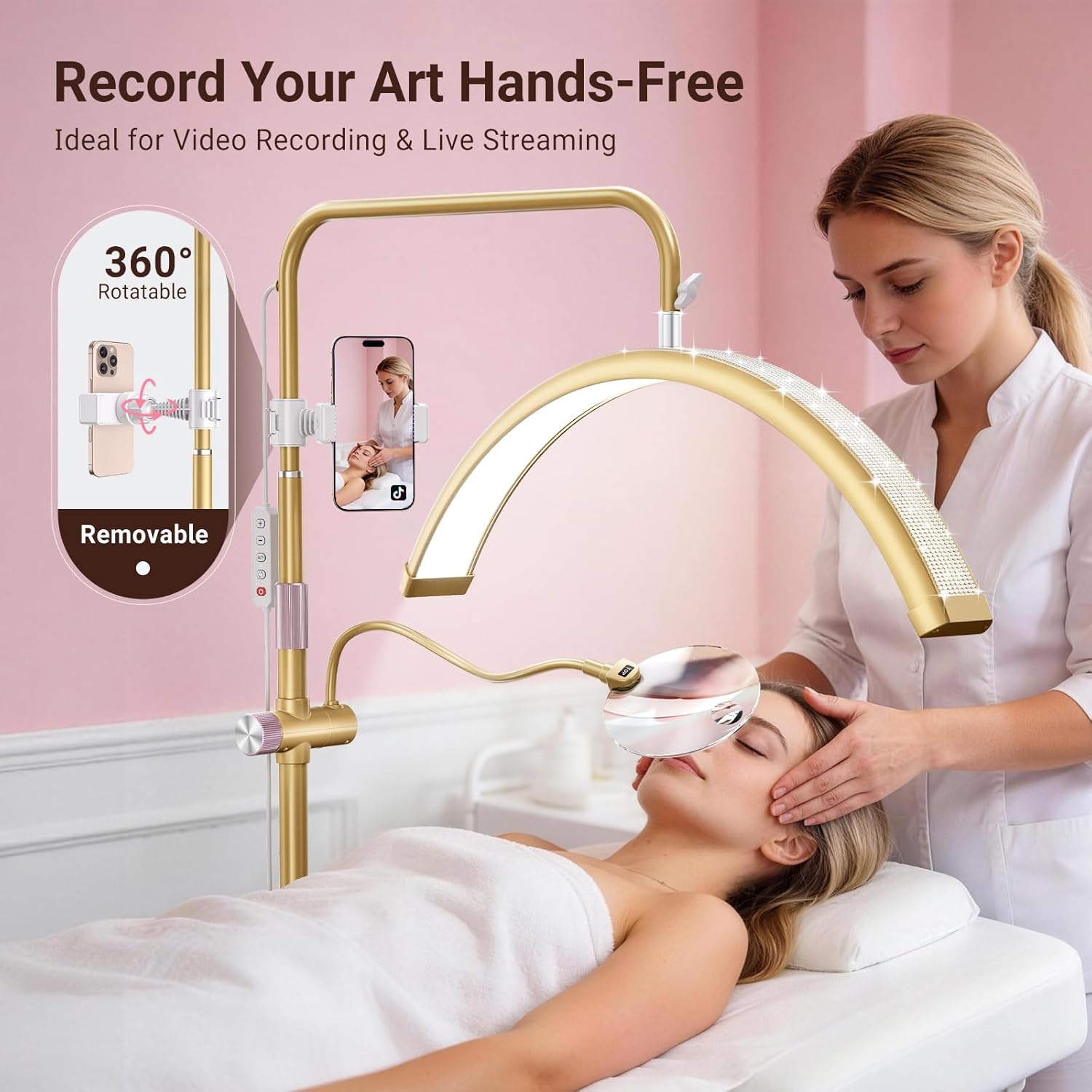 Half Moon Lash Light - Bling Diamond Lash Lamp with 4X Magnifier & Phone Holder, Adjustable Floor Lamp for Eyelash Extensions, Nail Art, Tattoo, Skincare, Dimmable Brightness, Rotating Head, Gold