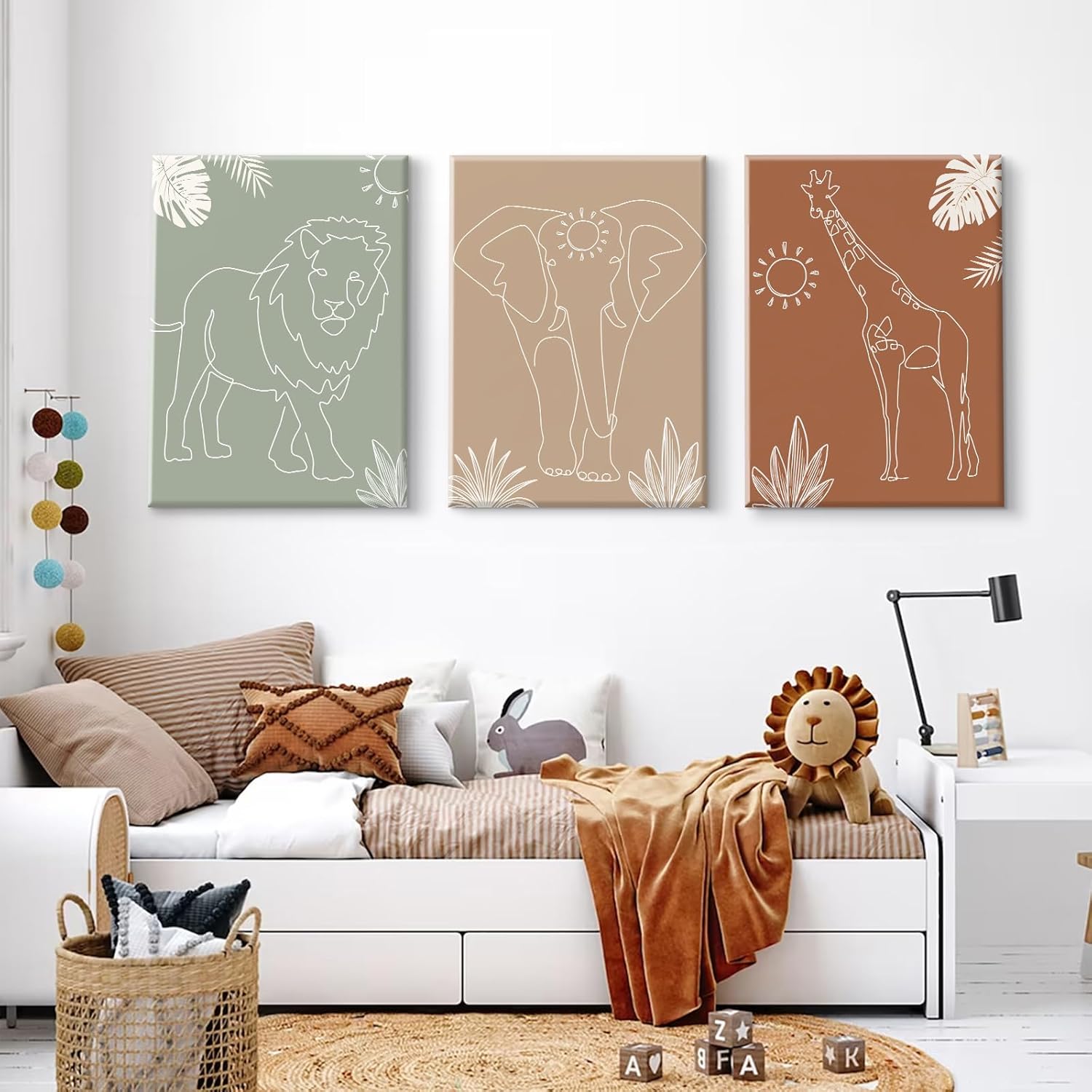 Safari Nursery Wall Art Pictures Baby Animal Canvas Wall Decor Boho Jungle Wall Art Kids Minimalist Poster Elephant Giraffe Lion Prints Nursery Safari Artwork for Bedroom 12x16 Wrapped Canvas Set of 3