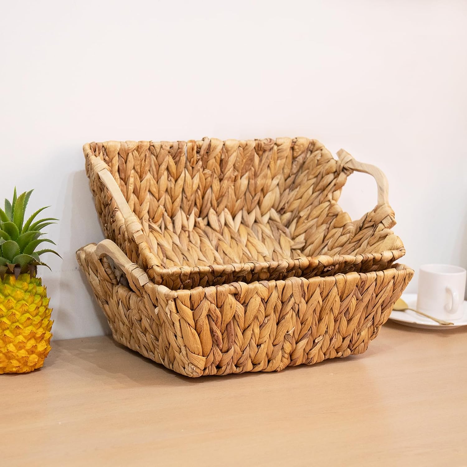 Water Hyacinth Storage Baskets,Trapezoid Wicker Baskets with Wooden Handles for Organizing Bathroom, Decorative Small Basket 14.96 * 10.63 * 6.3 inches - 2 Pack