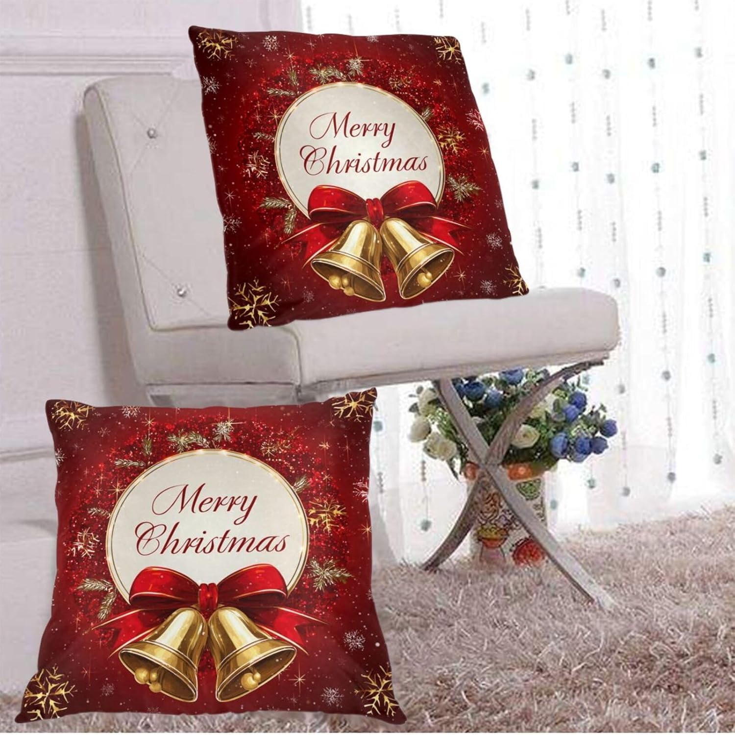 Pillow Covers Christmas Bells Red Xmas Festive Decorative Throw Pillow Case with Hidden Zipper 18x18 Inch 2 Set Soft Two-Sided Print for Sofa Bed Couch Holiday Home Decor