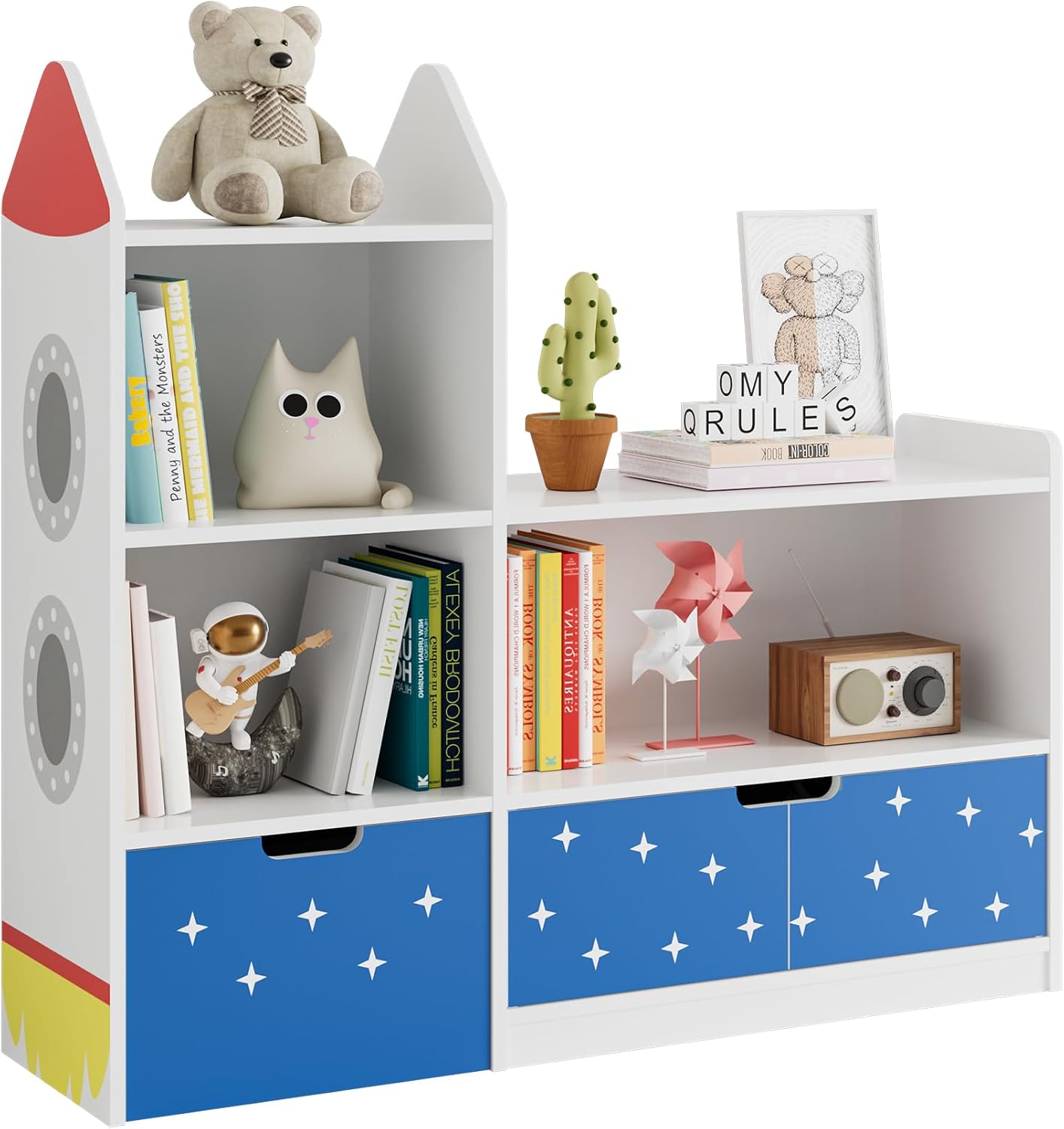 BVIUNTWO Kids Bookshelf and Toy Storage Organizer, Rocket-Shaped Children’s Bookcase with Drawers and Cabinet, Multi-Tier Wooden Playroom Storage Unit for Playroom, Nursery, Kids Room