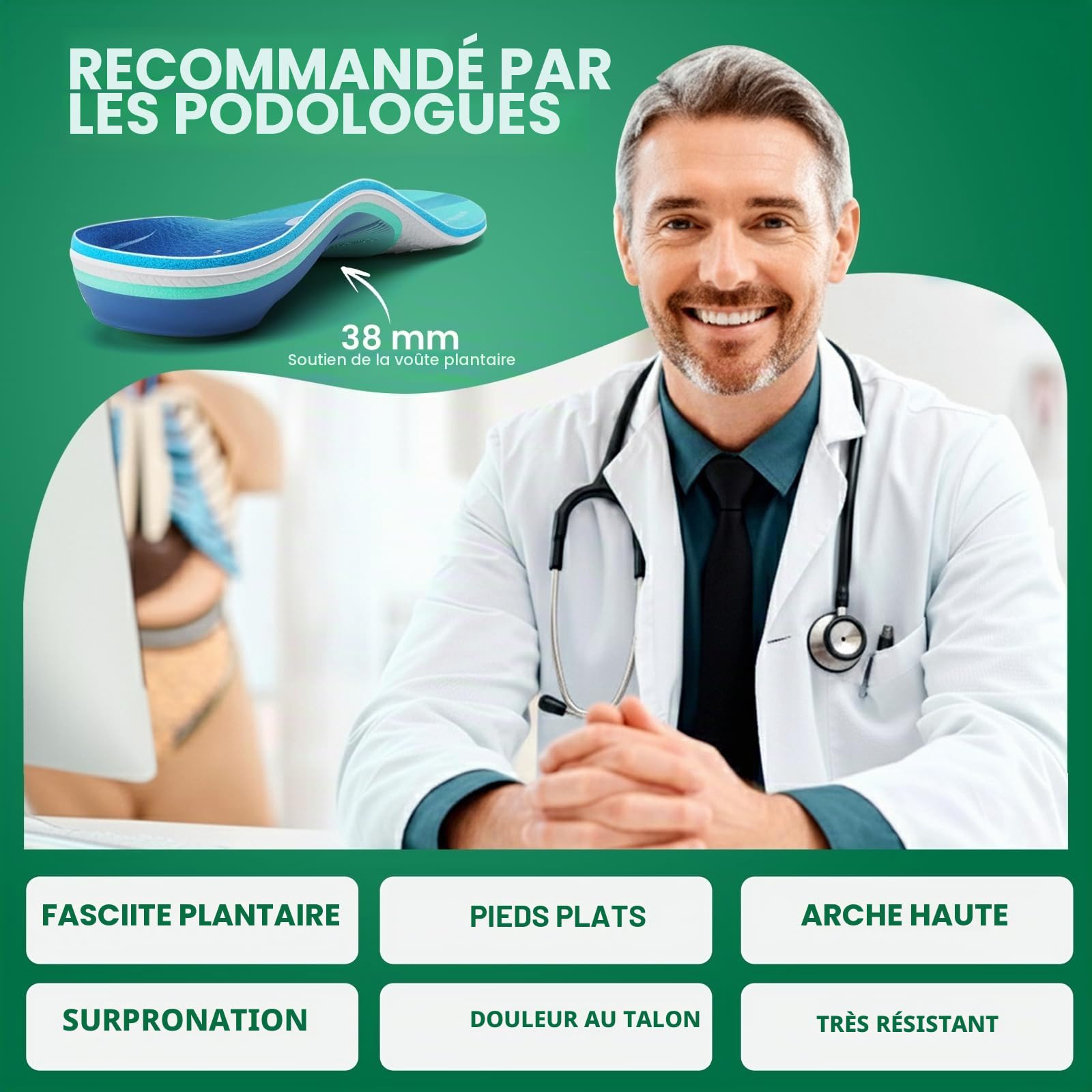PCSsole Semelles Orthopédiques Version Améliorée avec Coussinet en Bagasse - Soutien pour Fasciite Plantaire, Pied Plat et Talalgie - Confort Toute la Journée