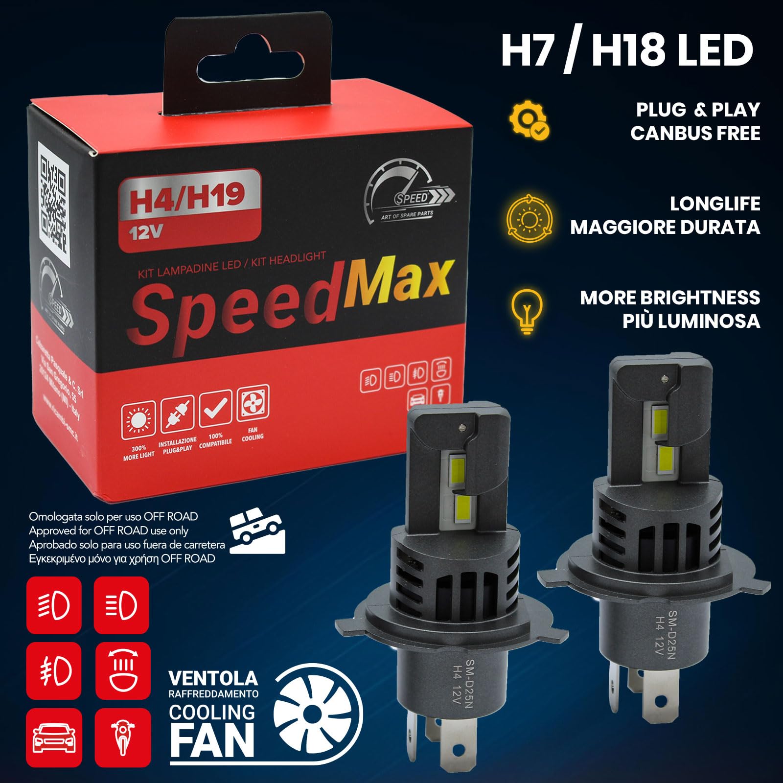 SpeedMax Lampadine Led con ventola per auto e moto H4 H19 6500K Plug & Play per Fari a Parabola +200% OFF ROAD