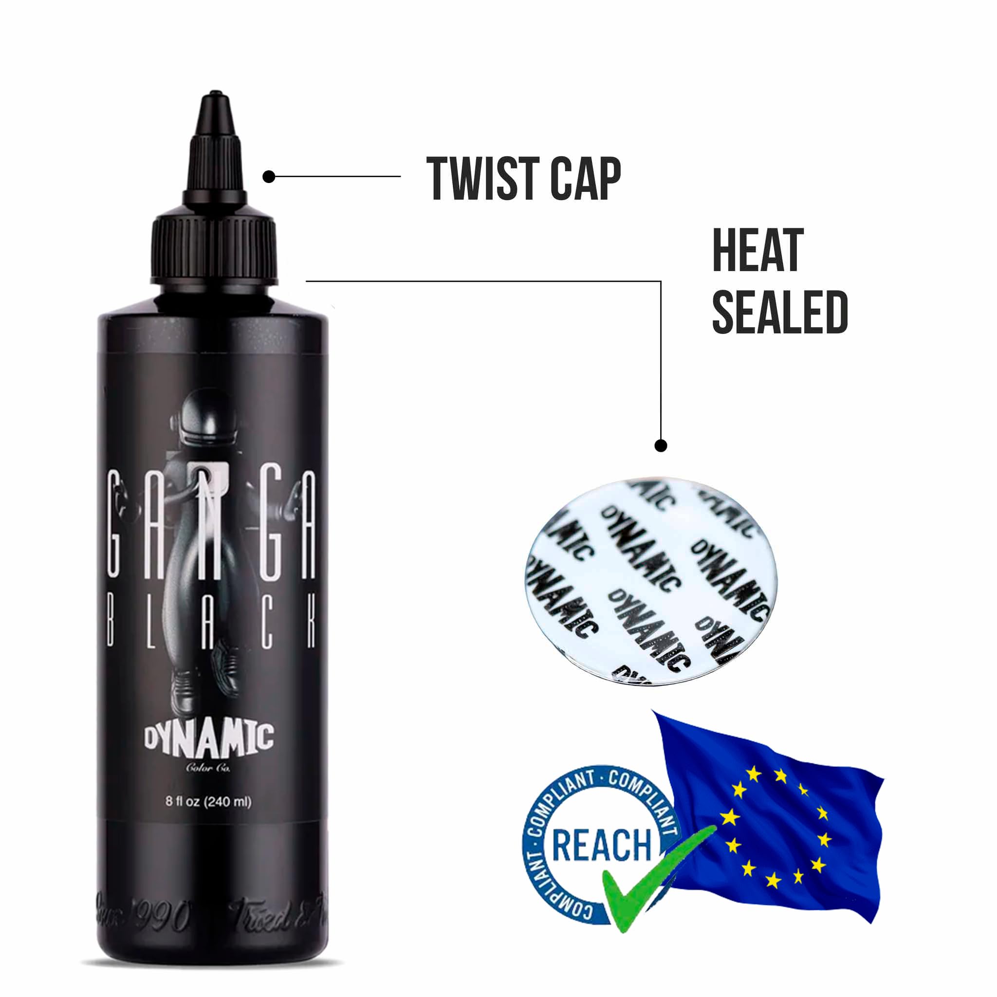 Dynamic Ink Ganga Black tusz do tatuażu, 240 ml, profesjonalny tusz do tatuażu, czarny + wzornik 5 g w zestawie .oryginalny, wyprodukowano w USA (Ganga Black 240 ml)