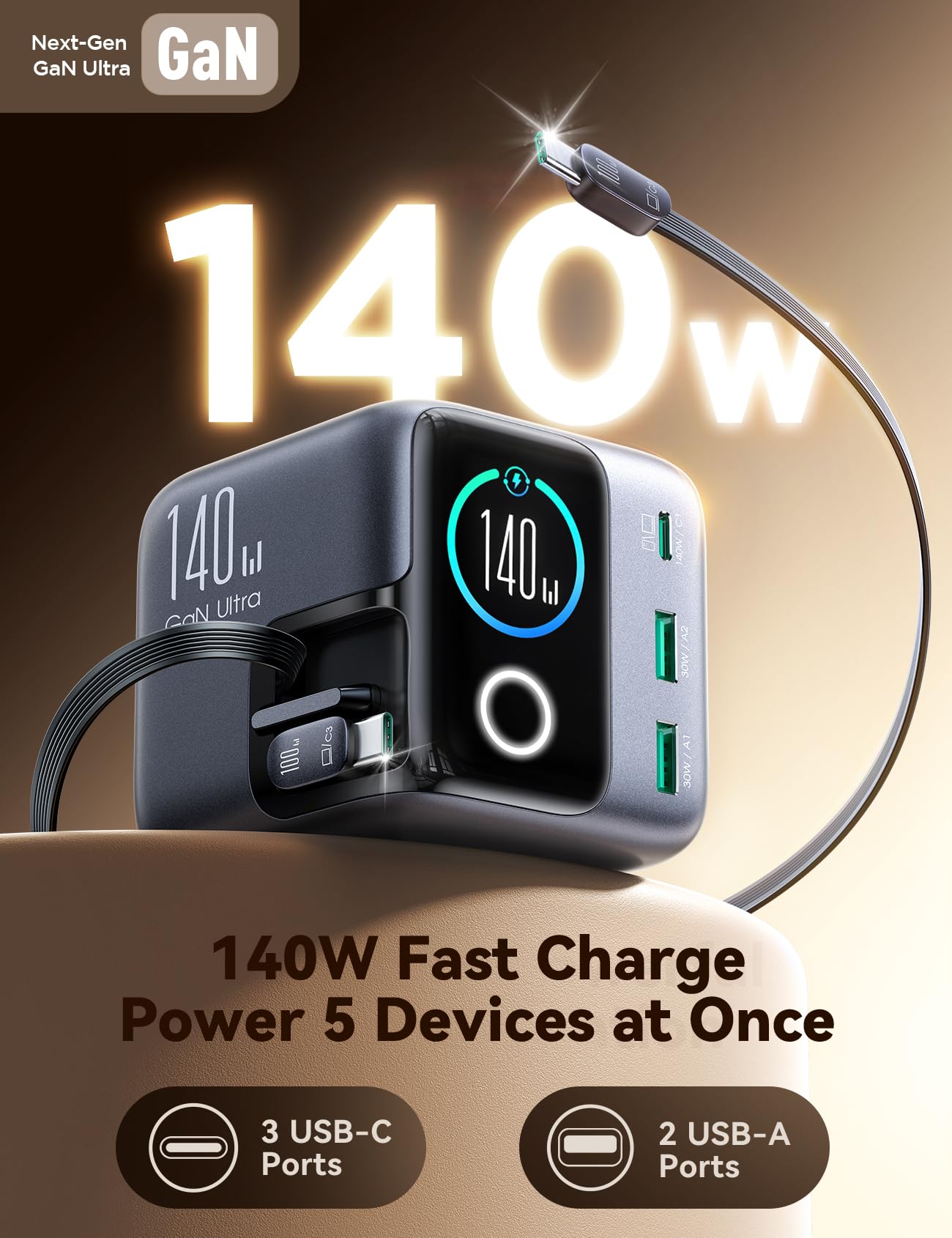 JOYROOM PODIX 140 W GaN Ultra stacja ładująca, szybka ładowarka USB C z 2 odwracalnymi kablami 100 W (80 cm), wyświetlacz LCD Smart 1,54", kompatybilna z MacBook, iPhone, Samsung, do biura i domu