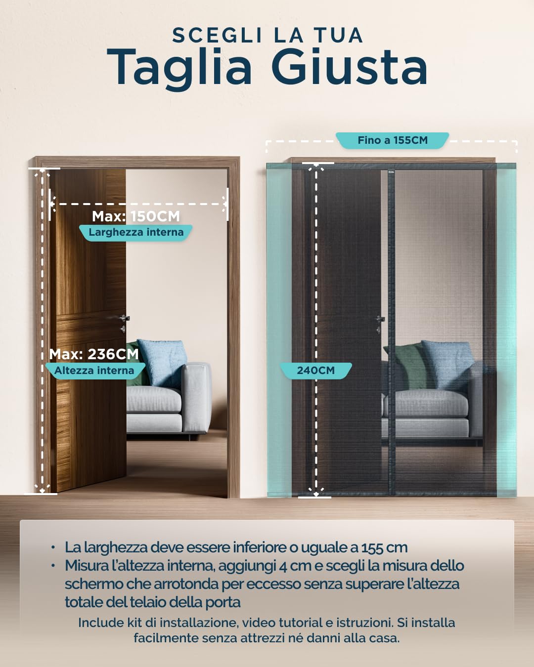 ARCOL Zanzariera Magnetica per porte Regolabile in Larghezza - Tenda Zanzariera Porta Finestra con Fettucce a Strappo, Zanzariera magnetica porta finestra accorciabile (155x240 cm, Nero)