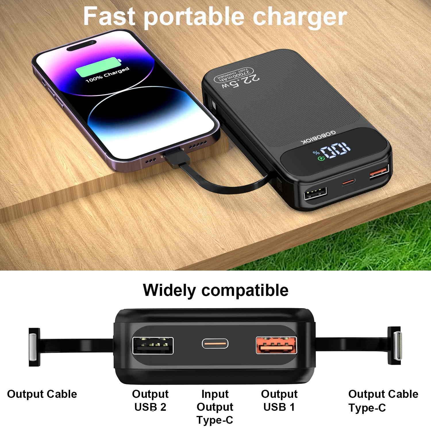 Power Bank 27000mAh Fast Charging Built-in 2 Cables, 22.5W Portable Charger, Portable USB C Power Bank Battery Pack with LCD Display Powerbank for Smartphones Tablets and More image 4 of 9 B0DK4PB96C