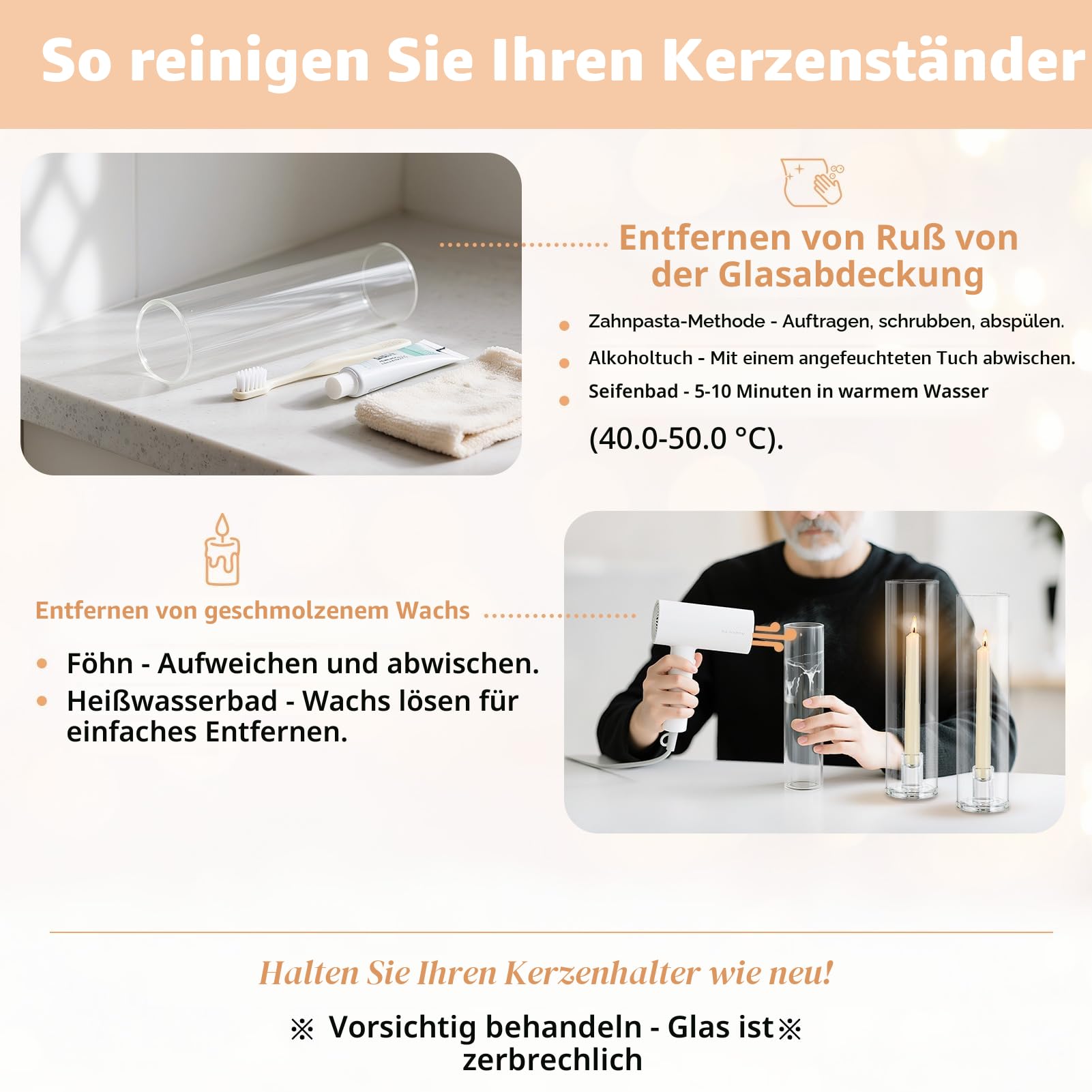 NUPTIO Glaszylinder für Kerzen Kerzenhalter Stabkerzen Kerzenständer Glas | 10 Stück 30cm Hoch ohne Boden Candle Holder Zylinder Stabkerzenhalter Windlicht Tisch Deko Hochzeit Weihnachten Adventskranz