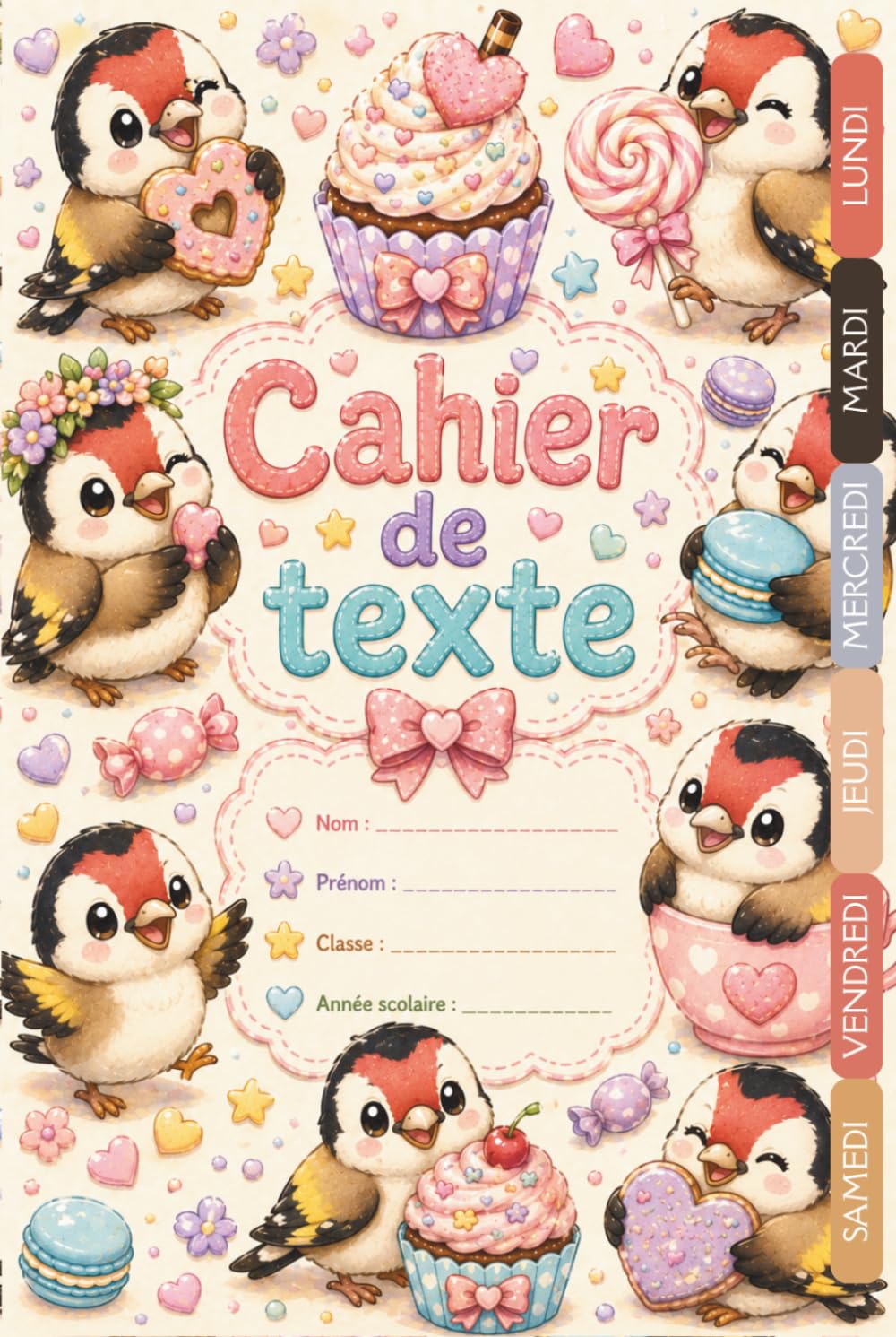 Cahier de Texte Kawaii Chardonneret: Pour filles et garçons – CP, CE1, CE2, CM1, CM2 – Pratique pour toutes les matières – Motif kawaii – Relié.