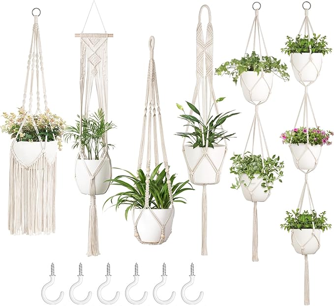 Mkono Macrame Plant Hangers, 6 Pack Indoor Hanging Planters for Plants with 6 Hooks Decorative Hanging Basket Flower Pots Holder Stand in Different Sizes for Boho Home Decor, Ivory