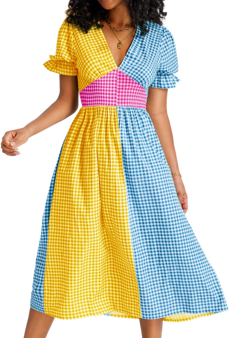 Kaei&Shi Color Block Gingham Dress,V Neck Puff Sleeve Midi Dresses,Cottagecore Vacation Summer Beach Outfits for Women