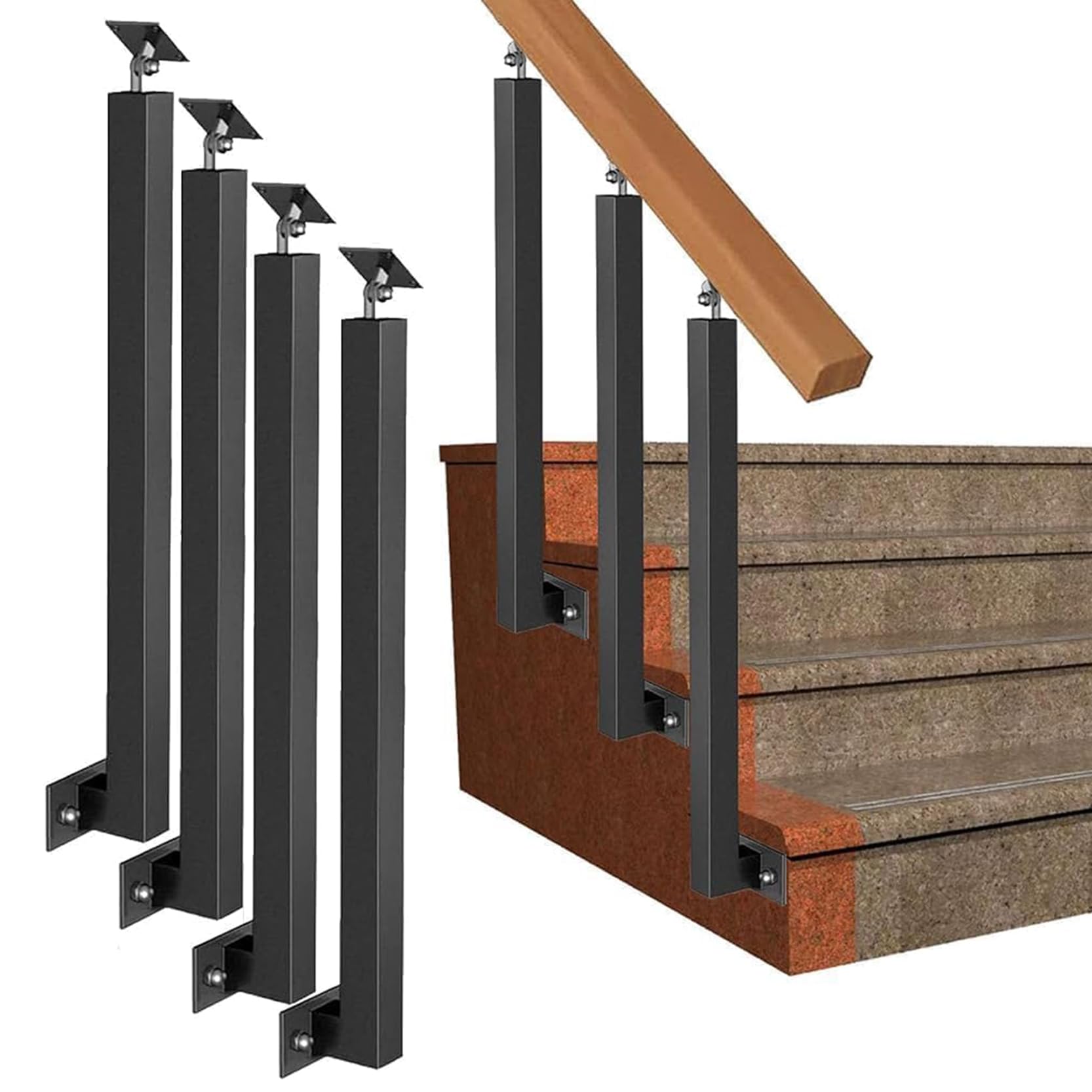 GOUZIBHD 4 Pack Iron Square Stair Baluster Posts, Banister Column for Deck Porch, 270°Adjustable Metal Railing Spindles with Flat Bracket Base, Staircase Handrail(Size:95cm/37.4in)