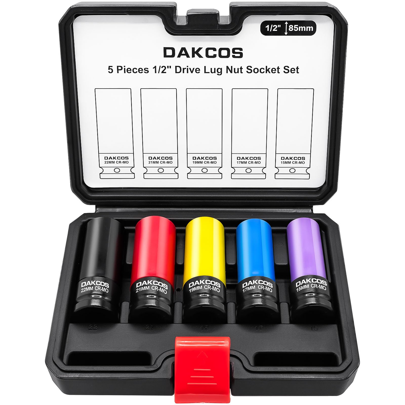 DAKCOS 5PCS 1/2-Inch Drive Lug Nut Impact Socket Set, 15mm, 17mm, 19mm, 21mm, 22mm Wheel Protector