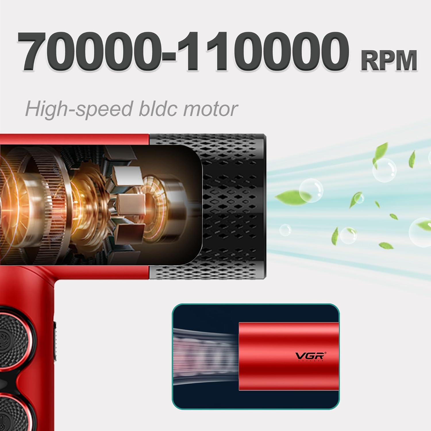 VGR 401 Negative Ionic Hair Dryer, Professional BLDC Motor Blow Dryer for Fast Drying, LED Display Low Noise Thermo and RPM-Control Hairdryer, Travel with Magnetic 1 Diffuser & 2 Nozzle, Red