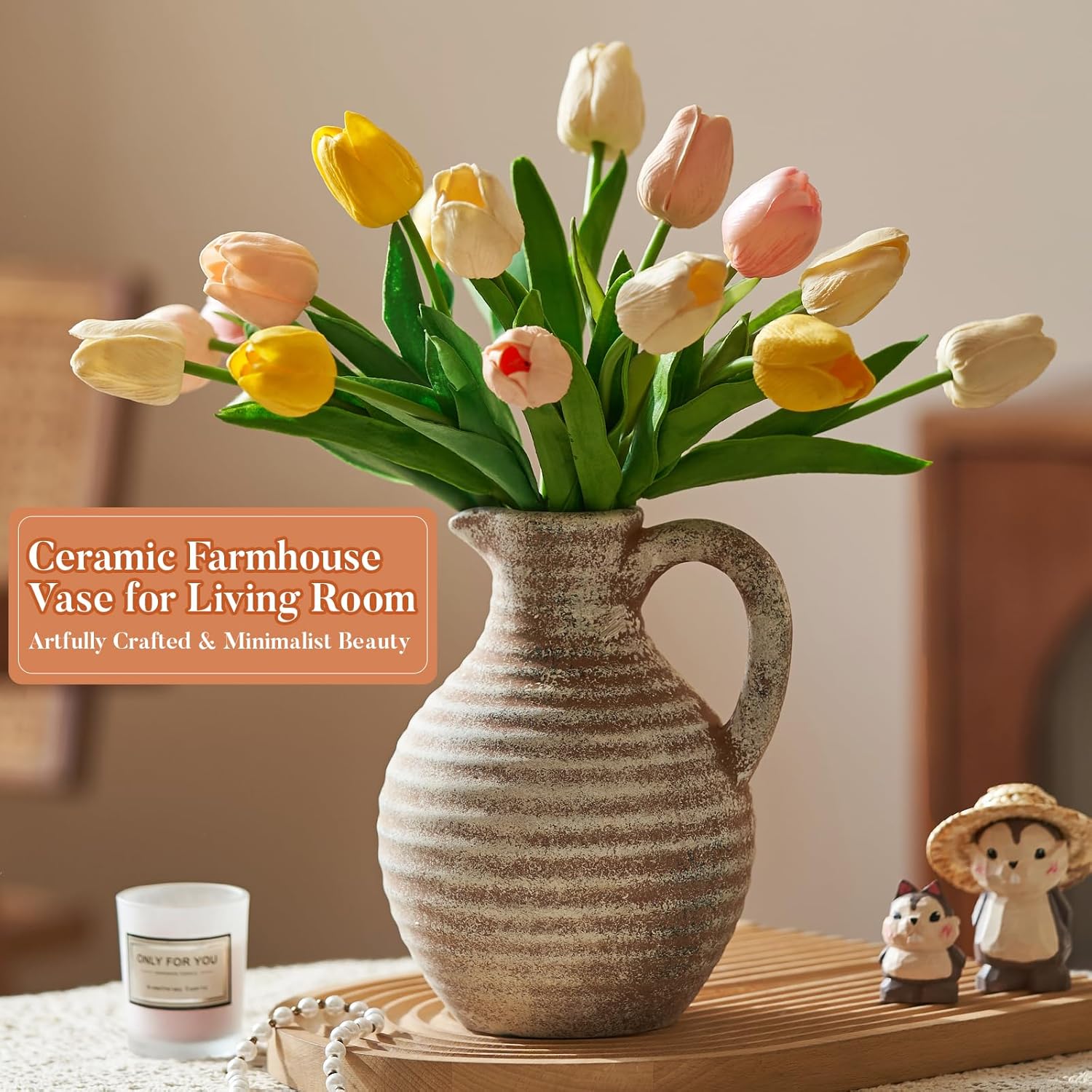 Ceramic Flower Vase Rustic Terracotta Vase with Handles Neutral Clay Pitcher Antique Vase for Home Decor,8 Inch Farmhouse Boho Vases for Living Room,Dining Table,Enterway,Shelf,Fireplace