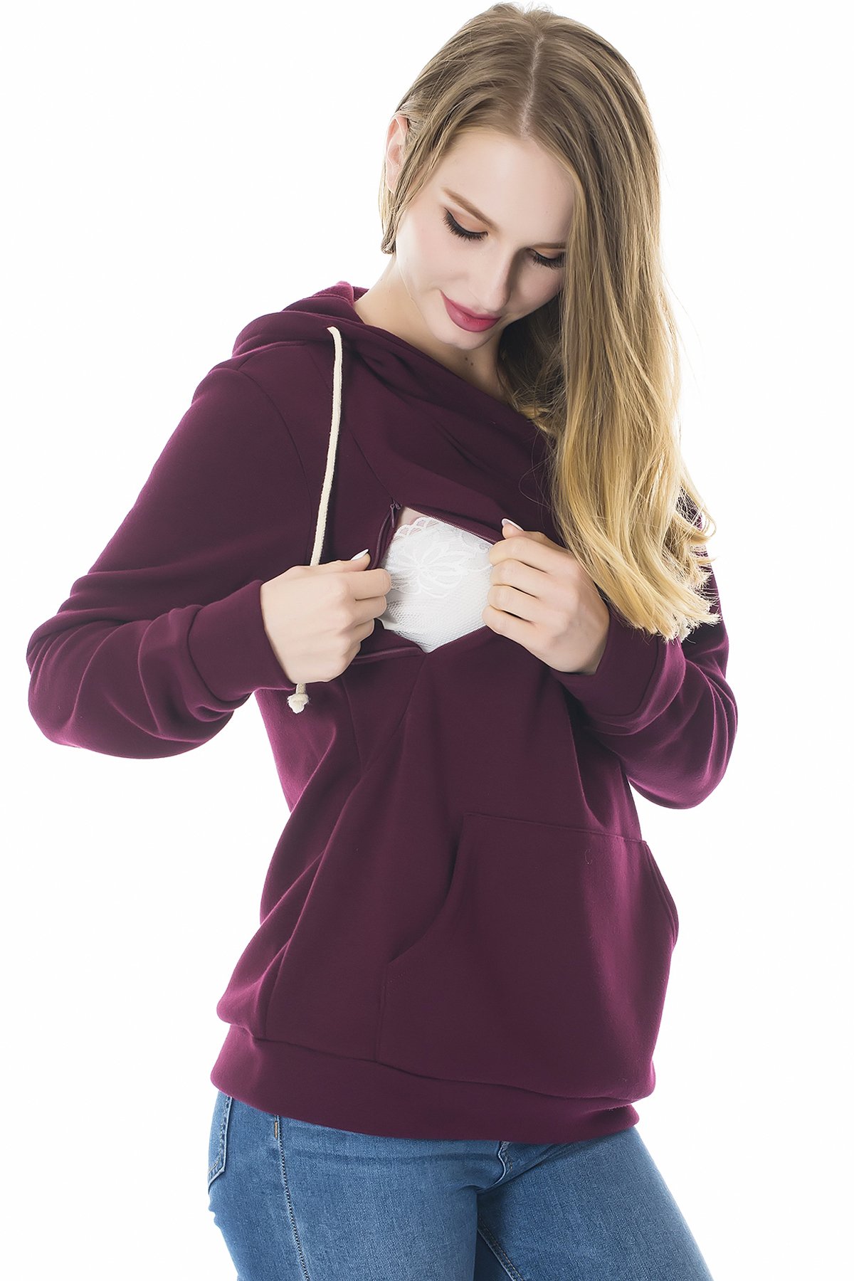 Smallshow Stillanzug Mutterschaft Fleece Stillpullover Hoodie Sweatshirt Wine 2XL