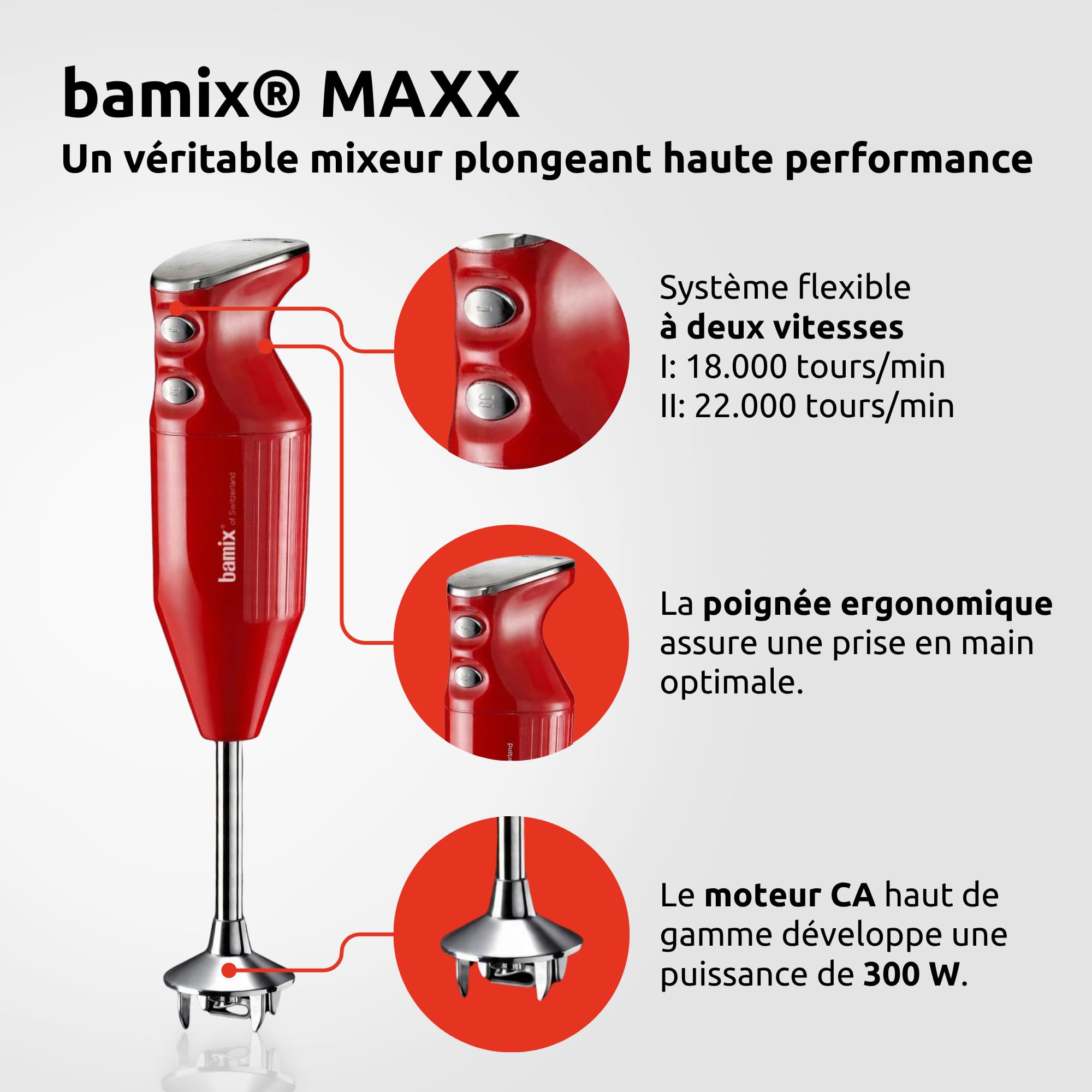 bamix Set mixeur plongeant M350 MAXX avec couteau multifonction, viande et légumes, fouet, batteur en inox, 300 W, 2 vitesses, Fabriqué en Suisse, Rouge/chrome