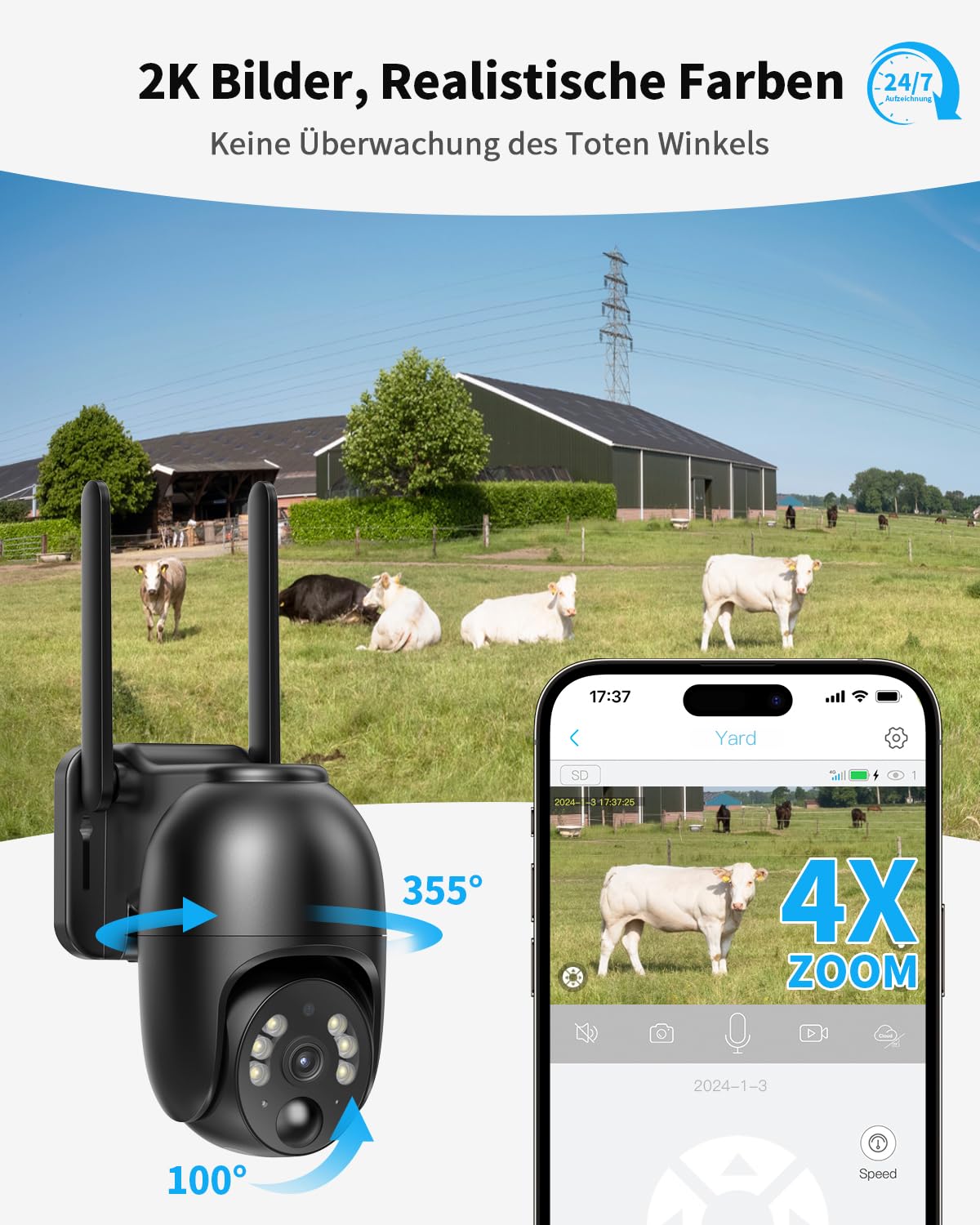 Solare 4G LTE Überwachungskamera Aussen 24/7 Aufnahme mit 18W Panel - Kabellose PTZ Outdoor Kamera Ohne WLAN, 2K Farbnacht, PIR-Bewegungsmelder