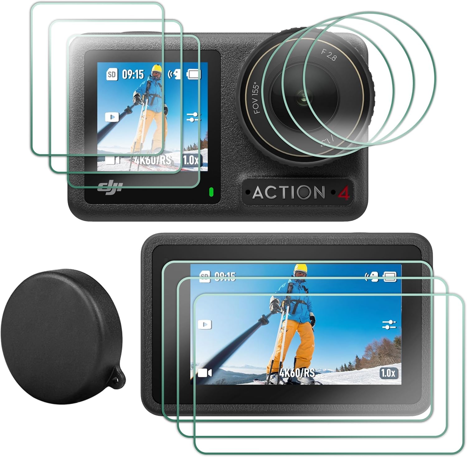 FiTSTILL FitStil folia ochronna na wyświetlacz [9 szt.] do DJI OSMO Action 4, ultra przezroczysta ochrona ekranu ze szkła hartowanego (przód i tył) + ochrona obiektywu + osłona obiektywu