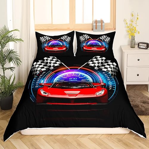 Miniatura 3 de Erosebridal Funda de edredón roja de coche de carreras para niños y adolescentes, juego de ropa de cama de coche de carreras tamaño Queen, funda de