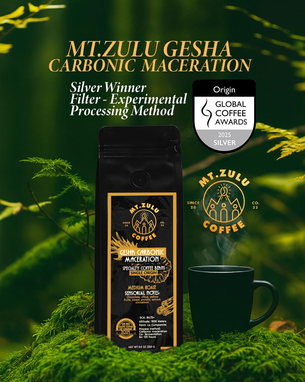 Mt. Zulu Gesha Carbonic Maceration – Silver Winner at the Global Coffee Awards 2025 (Filter – Experimental Processing Method) | 86.75 SCA | Medium Roast | 8.8 oz Bag