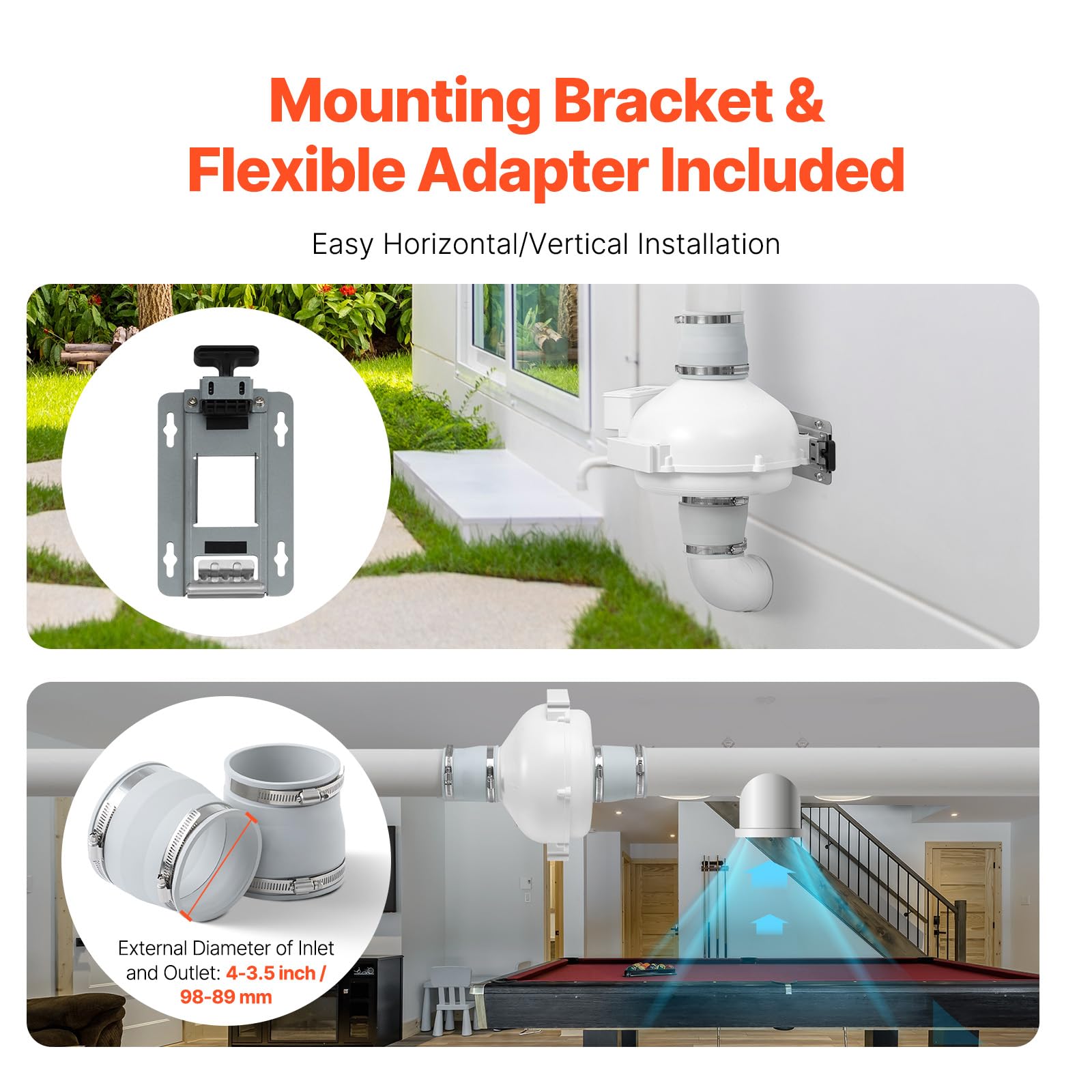 VEVOR Kit de Instalación de Ventilador de Mitigación Radón Silencioso 260 CFM con 2 Acopladores, Indicador de Presión, Ventilador de Extracción para Ventilación Interior y Exterior, 305 x 320 x 235 mm