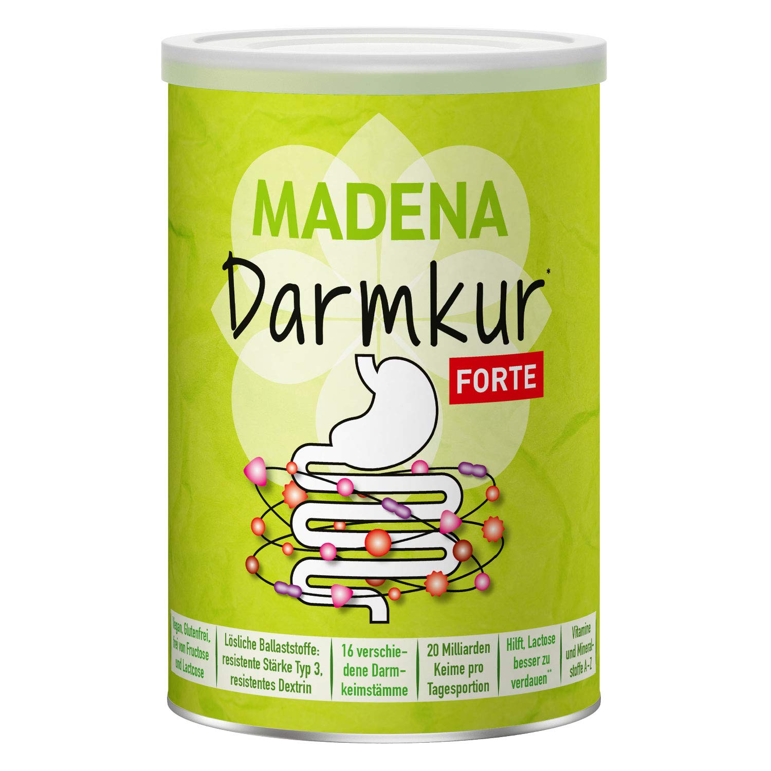 MADENA Darmkur Forte, 20 Milliarden Darmbakterien pro Portion, Ballaststoffe Resistente Stärke Typ 3, Maisdextrin, 16 Bakterienstämme, hochdosiert, Multivitamin, vegan