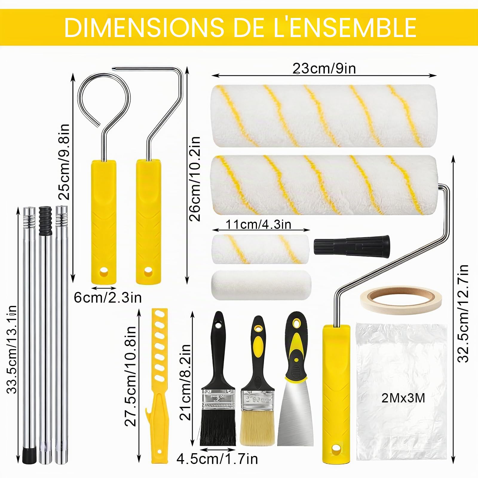 Rouleau Peinture, Rouleau Peinture Mousse Kit De Peinture 20 Pièces Avec Rouleau Long Poil 9", Manche Télescopique, Pinceaux, Bac, Bâche Et Accessoires Pour Murs