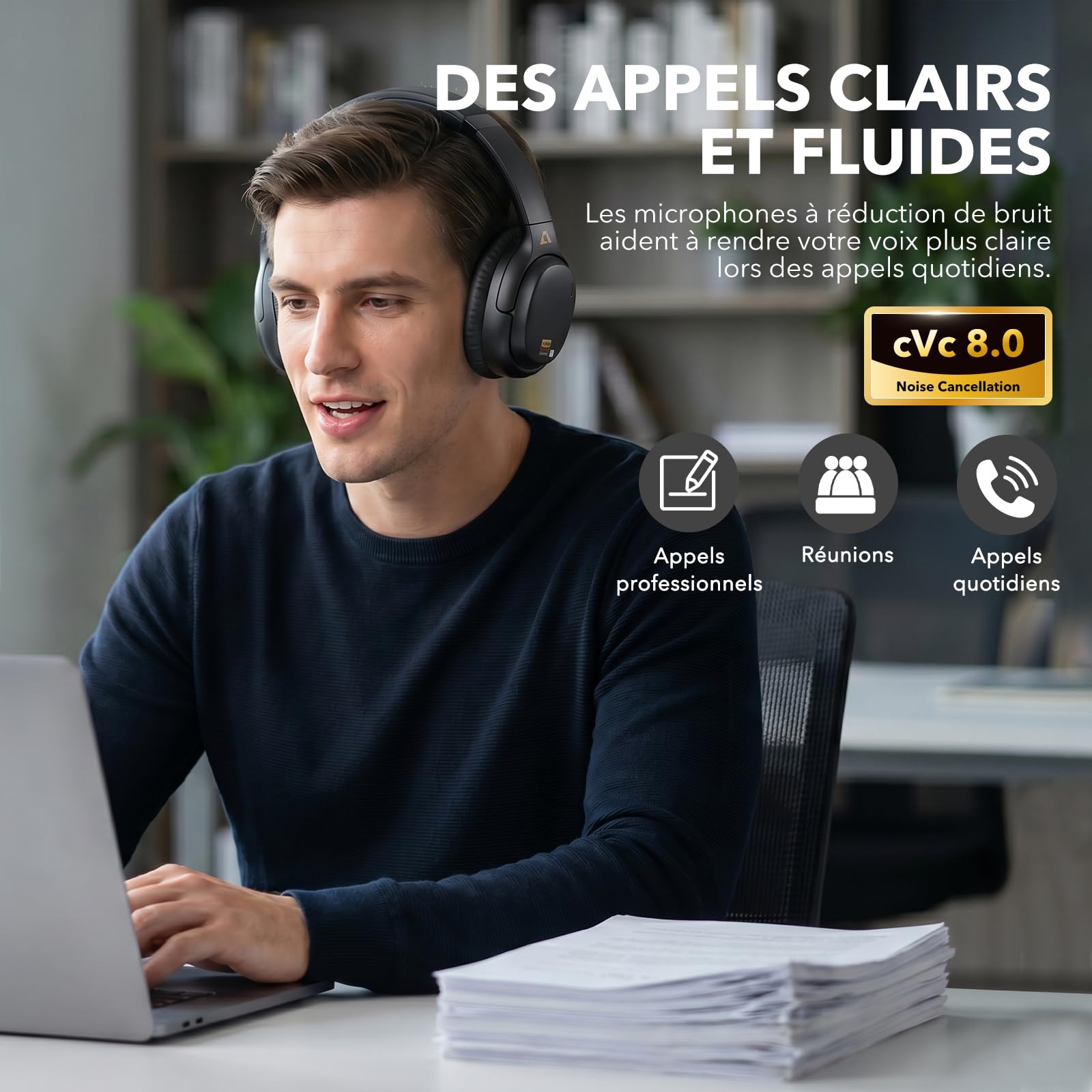 1Mii E700 Casque Bluetooth sans Fil avec Réduction de Bruit Active, Noir | ANC Hybride, Hi-Res Audio LDAC, Confortable pour Trajets, Voyage, Études, aptX Low Latency pour TV, Maison, Bureau, Avion