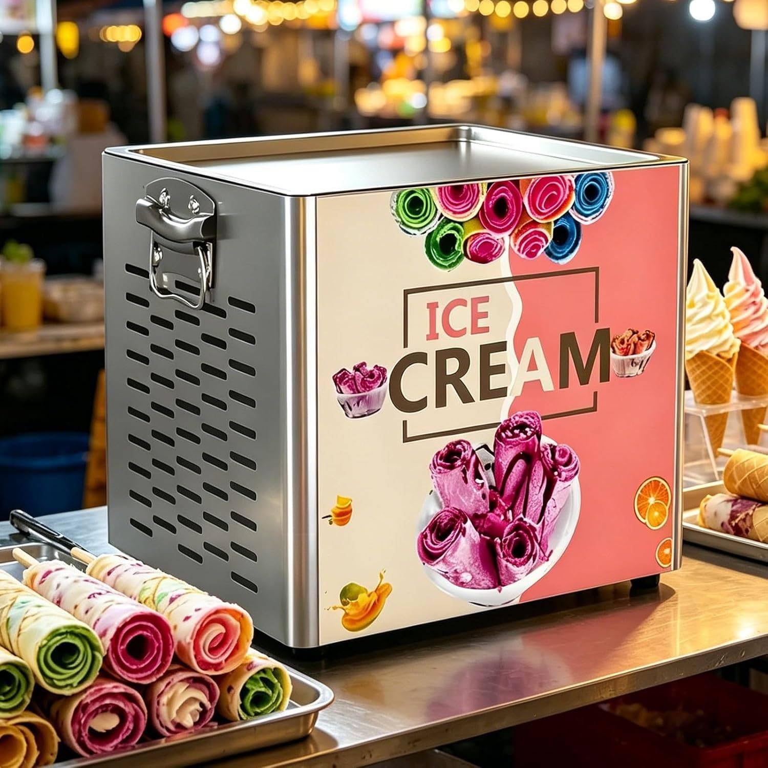 FJYAWEN Rolled Ice Cream Maker, Fried Ice Cream Roll Machine 330w Compressor, 30×24 Cm Large Refrigeration Plate, Non-slip Base Easy Clean Countertop Ice Cream Maker