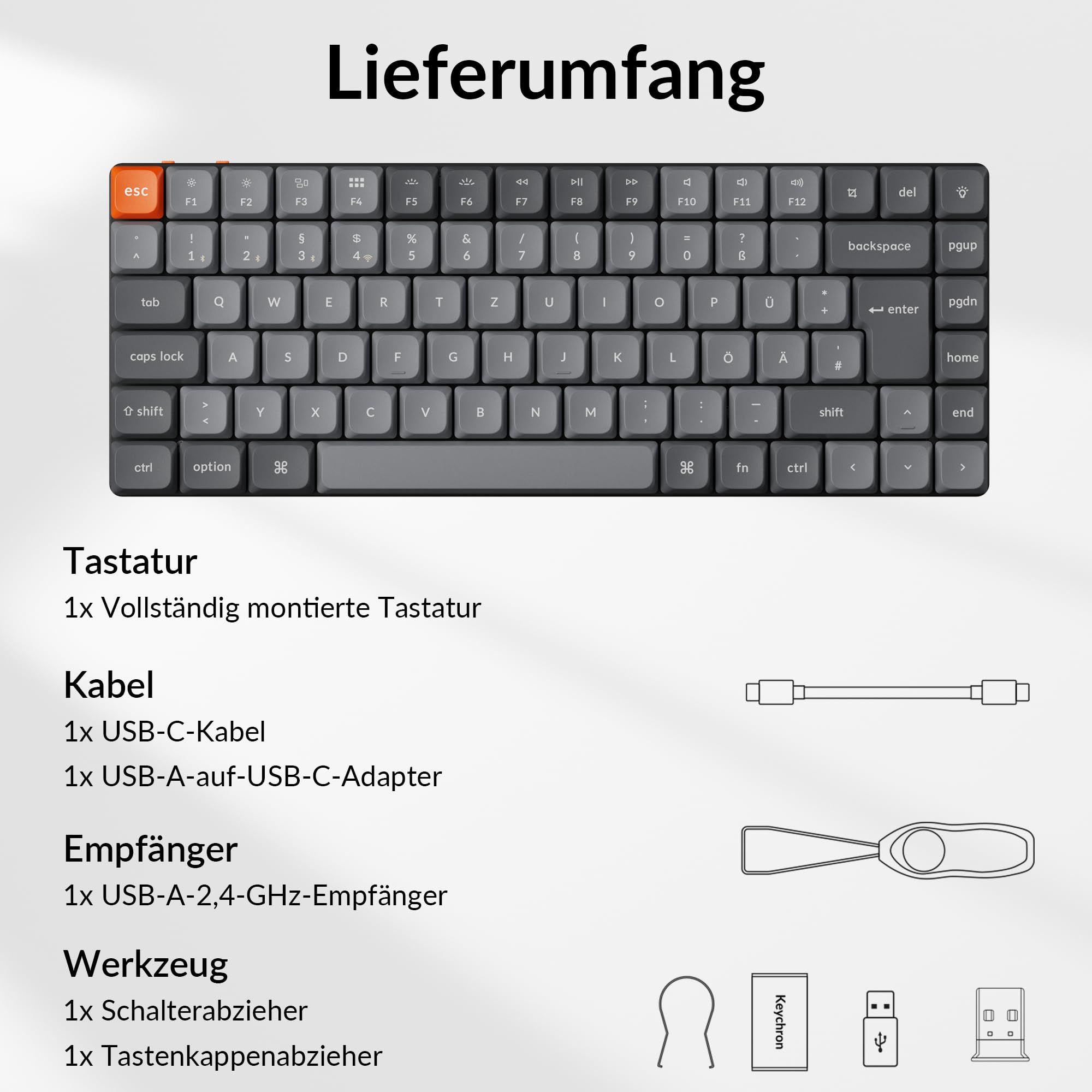 Keychron K3 Max kabellose mechanische Tastatur, 2,4 GHz/Bluetooth 5.1, programmierbar mit QMK/Launcher, 75%-ISO-DE-Layout, QWERTZ-Gaming-Tastatur für Mac/Windows – Gateron Low-Profile-Braun-Schalter