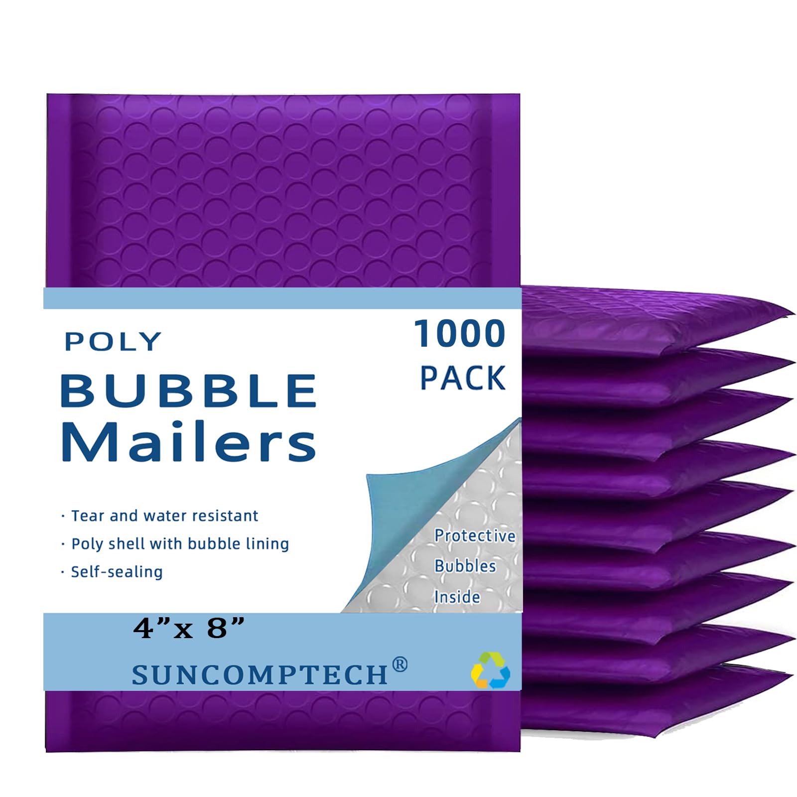 Suncomptech 4x8 inches Poly Bubble Mailers, Self Seal and Water Resistant Padded Shipping Bags, Waterproof Mailing Envelopes (Usable 4x7 inches,